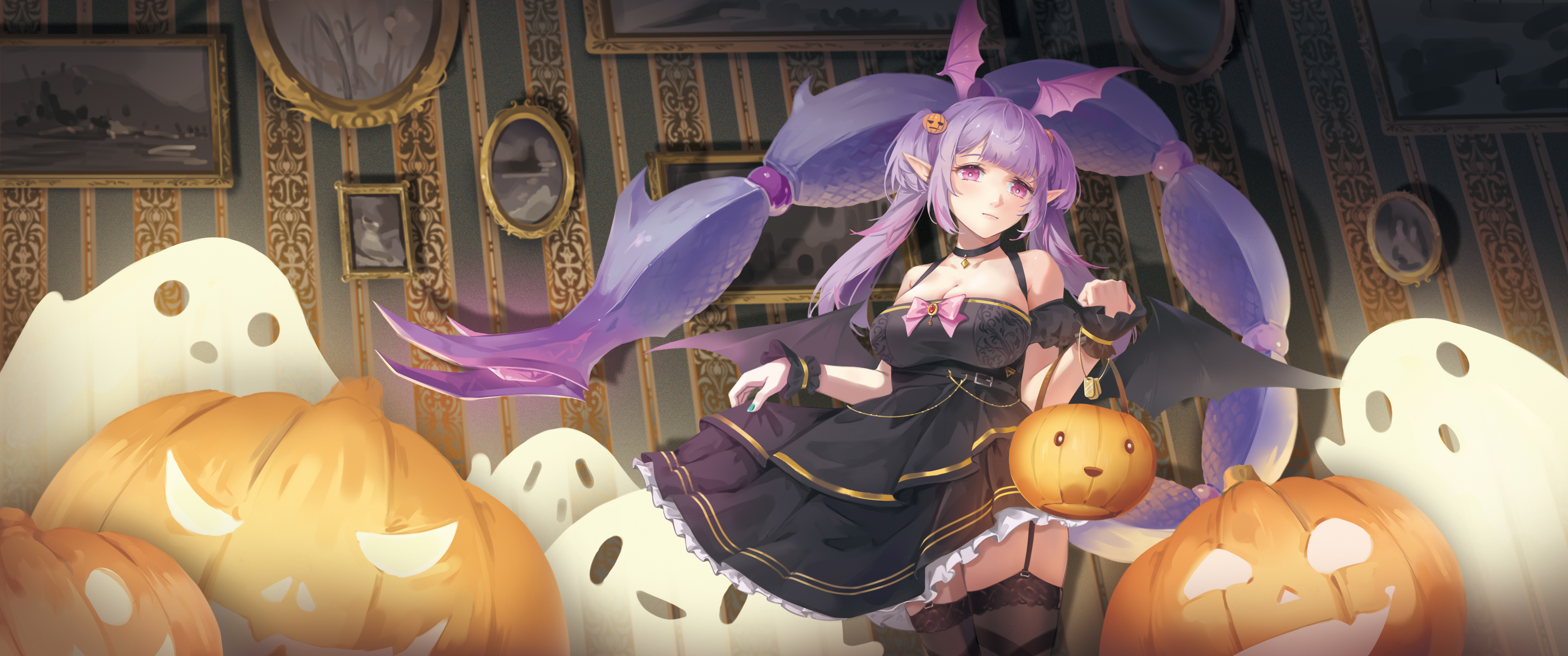 Anime 4096x1714 anime anime girls low-angle Arknights Manticore (Arknights) standing Halloween cleavage
