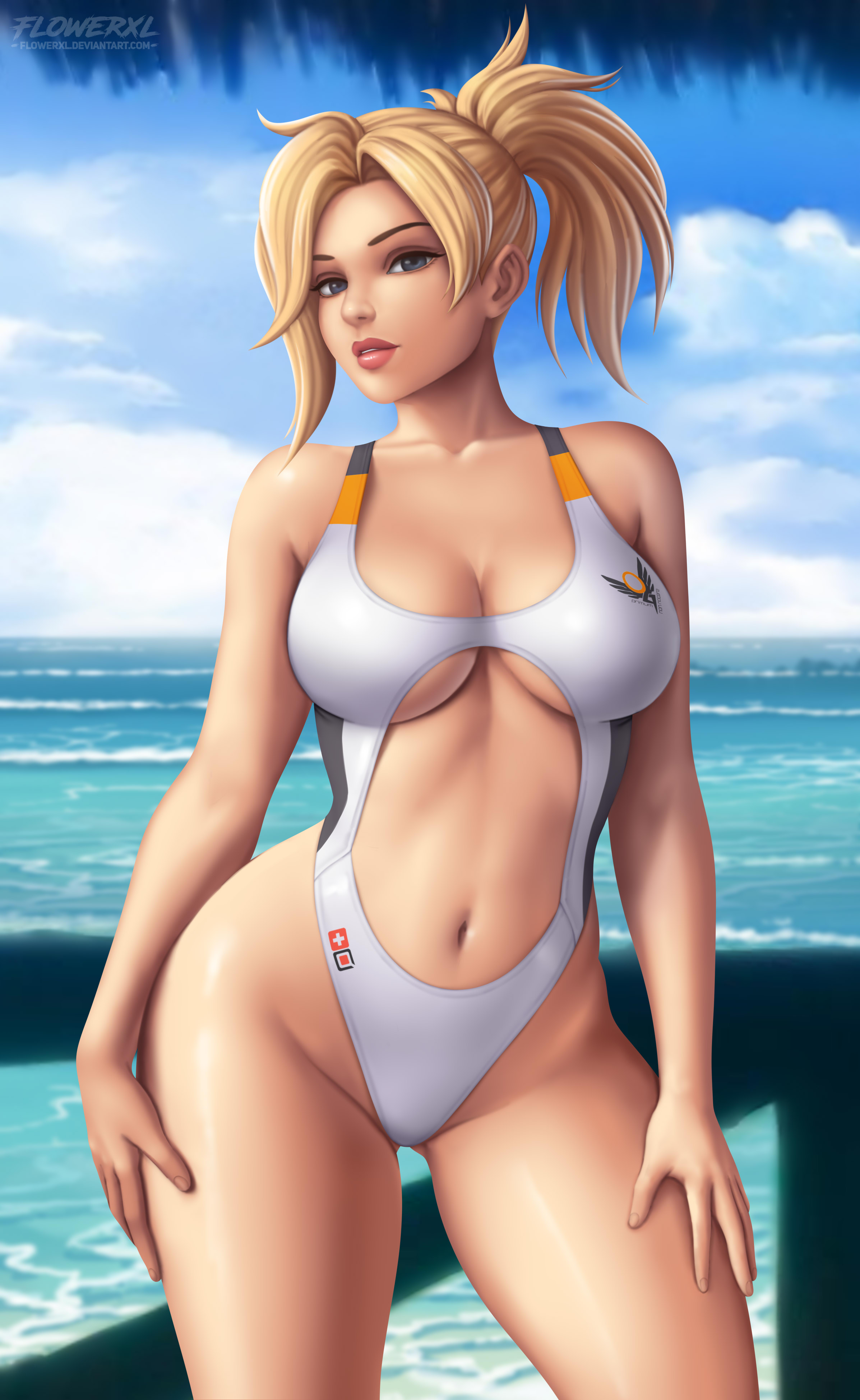 General 2394x3898 Flowerxl boobs big boobs Mercy (Overwatch) swimwear one-piece swimsuit blonde looking at viewer white swimsuit video game characters portrait display digital art watermarked
