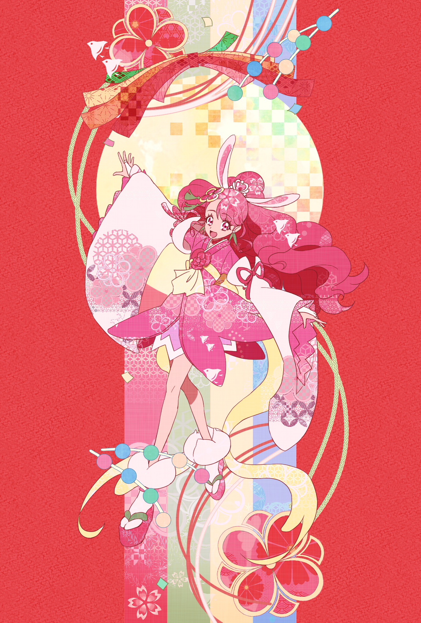 Anime 1378x2039 Pretty Cure Healin' Good ♥ Precure anime girls portrait display red background kimono bunny ears redhead ponytail
