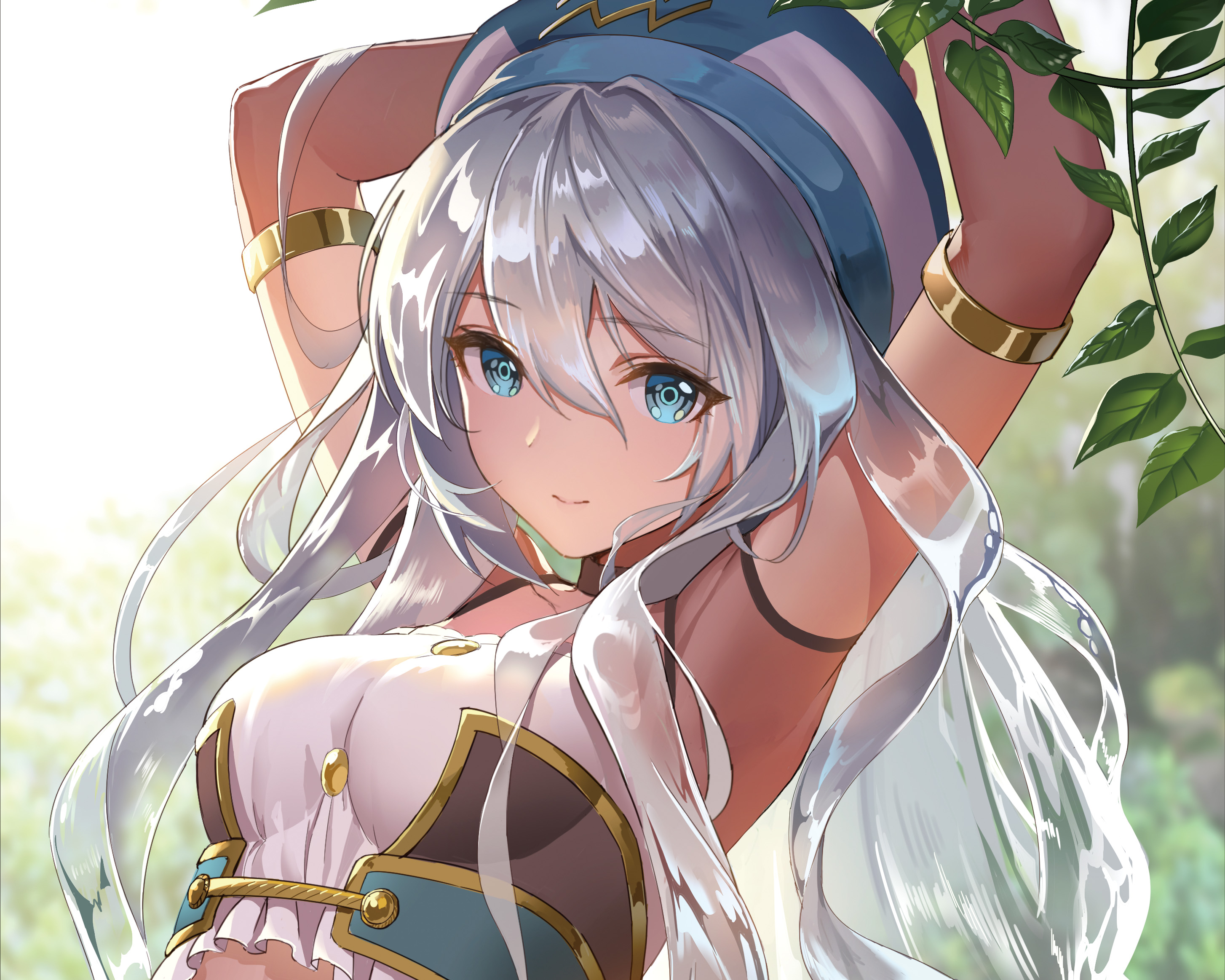 Anime 2908x2326 anime anime girls original characters artwork Teffish cropped silver hair blue eyes arms up