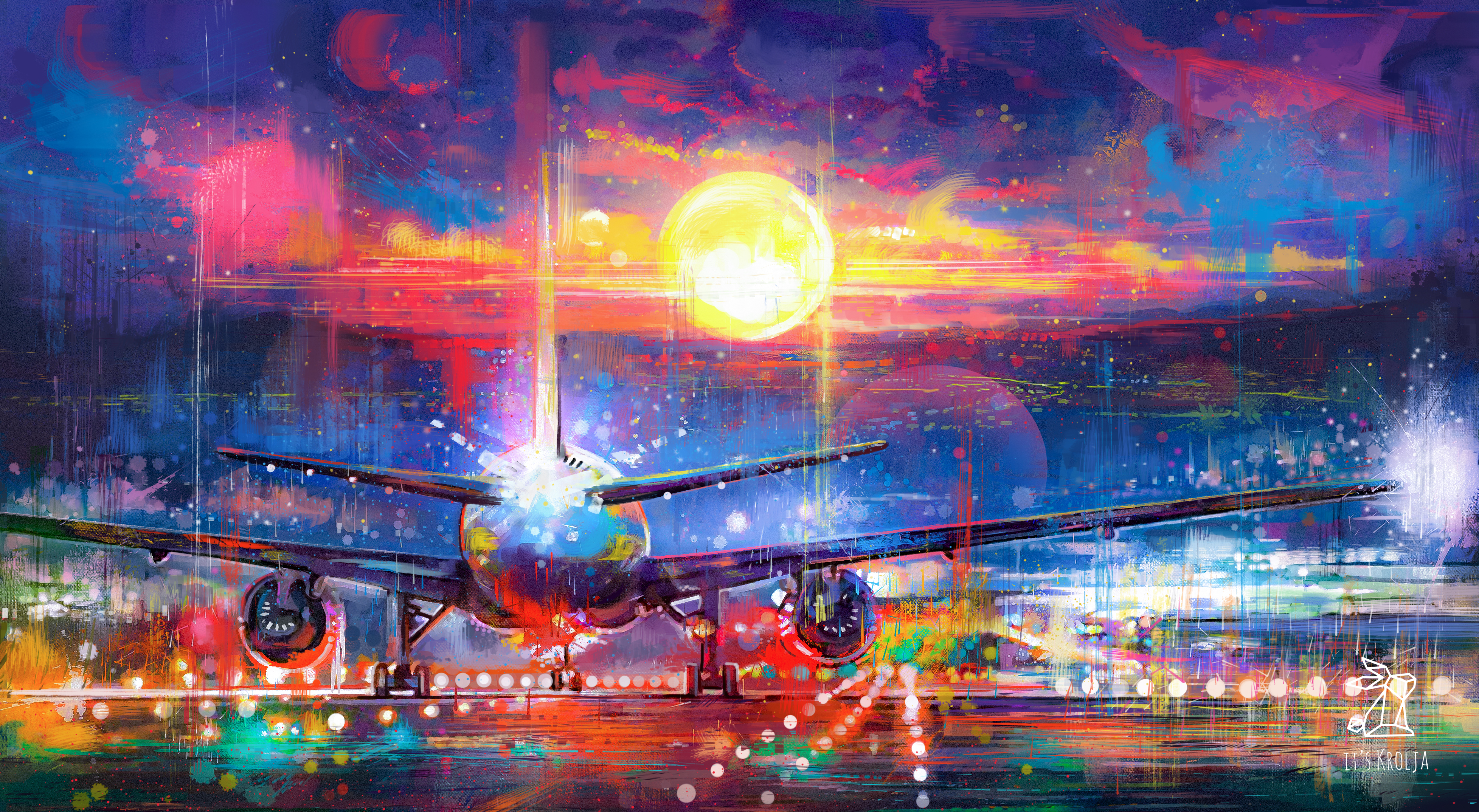 General 3911x2148 digital painting aircraft rain night airport itskrolja