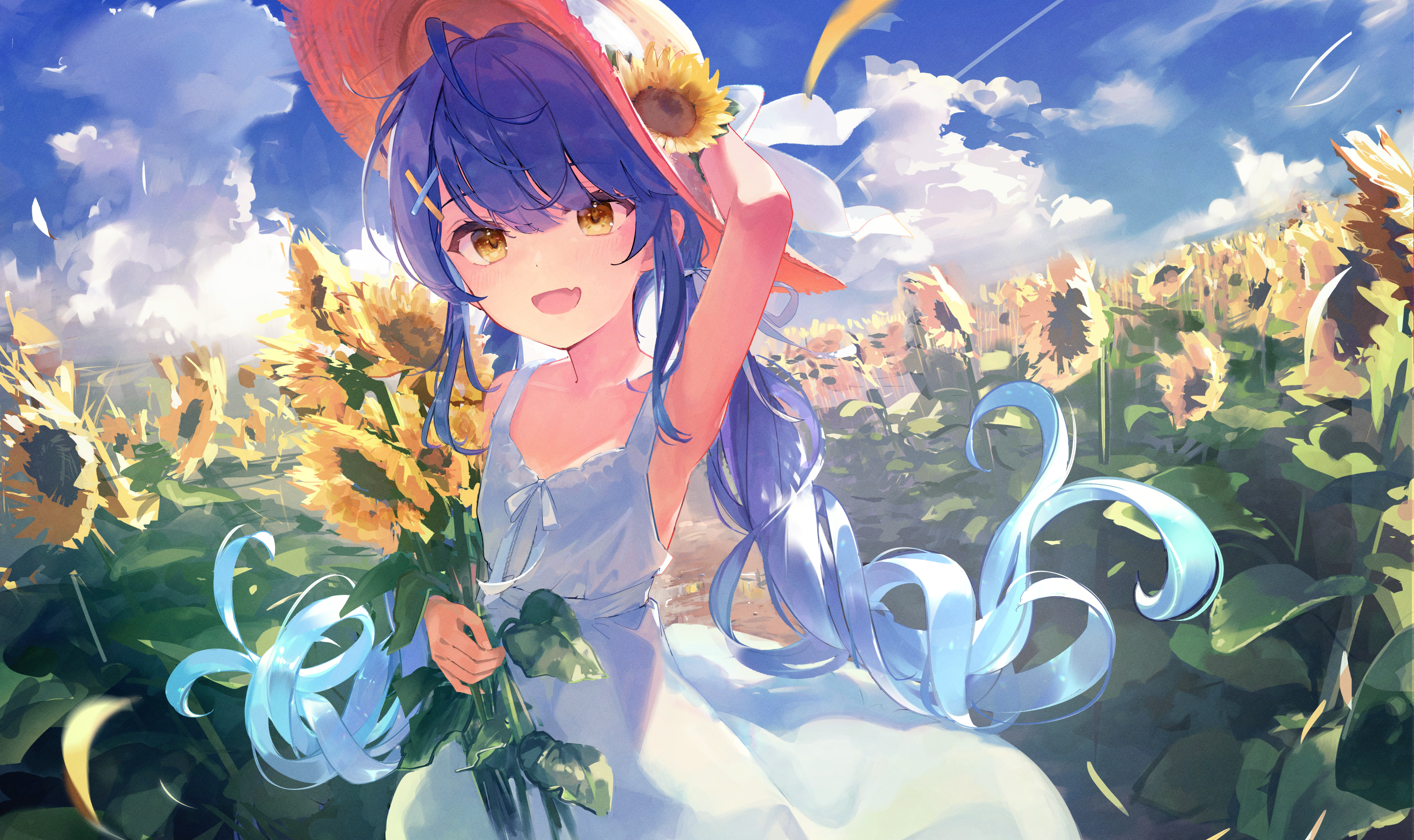 Anime 2894x1720 anime anime girls sunflowers blue hair long hair dress smiling yellow eyes straw hat sun dress Nijisanji Virtual Youtuber Amamiya Kokoro