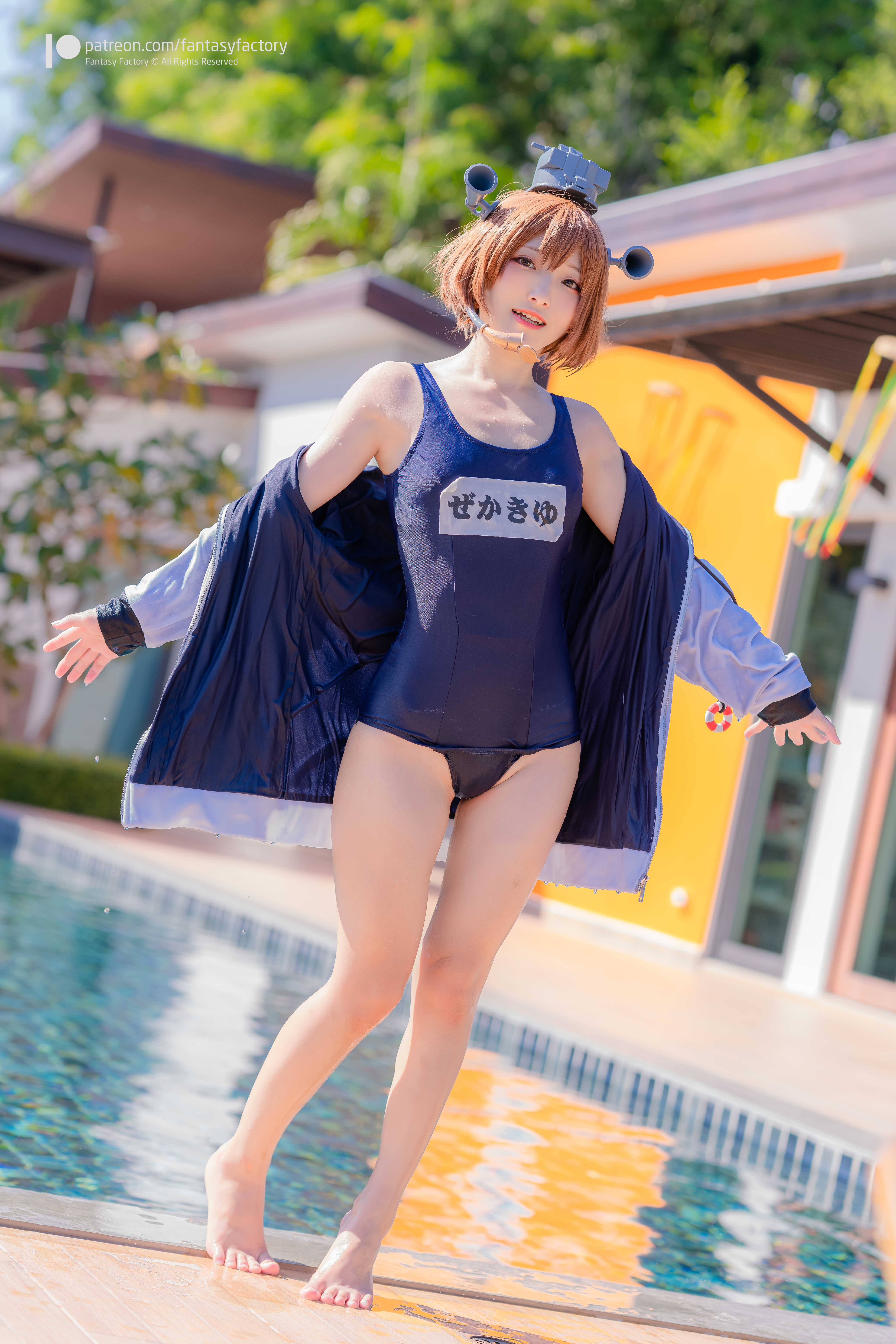 People 5100x7646 Fantasy Factory women model Asian cosplay Yukikaze (KanColle) Kantai Collection anime anime girls school swimsuits jacket looking at viewer swimming pool standing barefoot tiptoe wet body wet clothing outdoors women outdoors portrait display swimwear smiling pointed toes