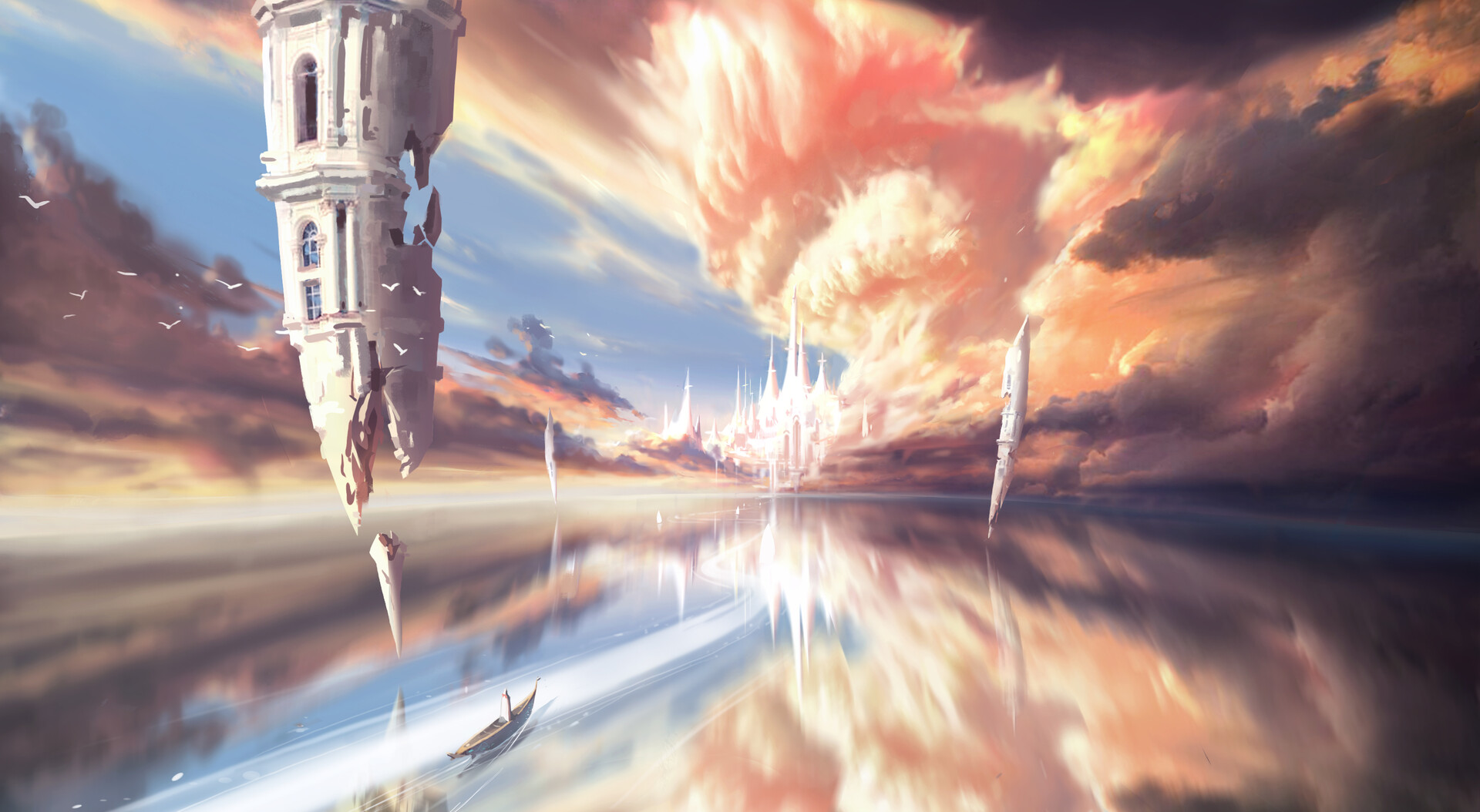 General 1920x1054 digital art fantasy art landscape clouds reflection castle boat