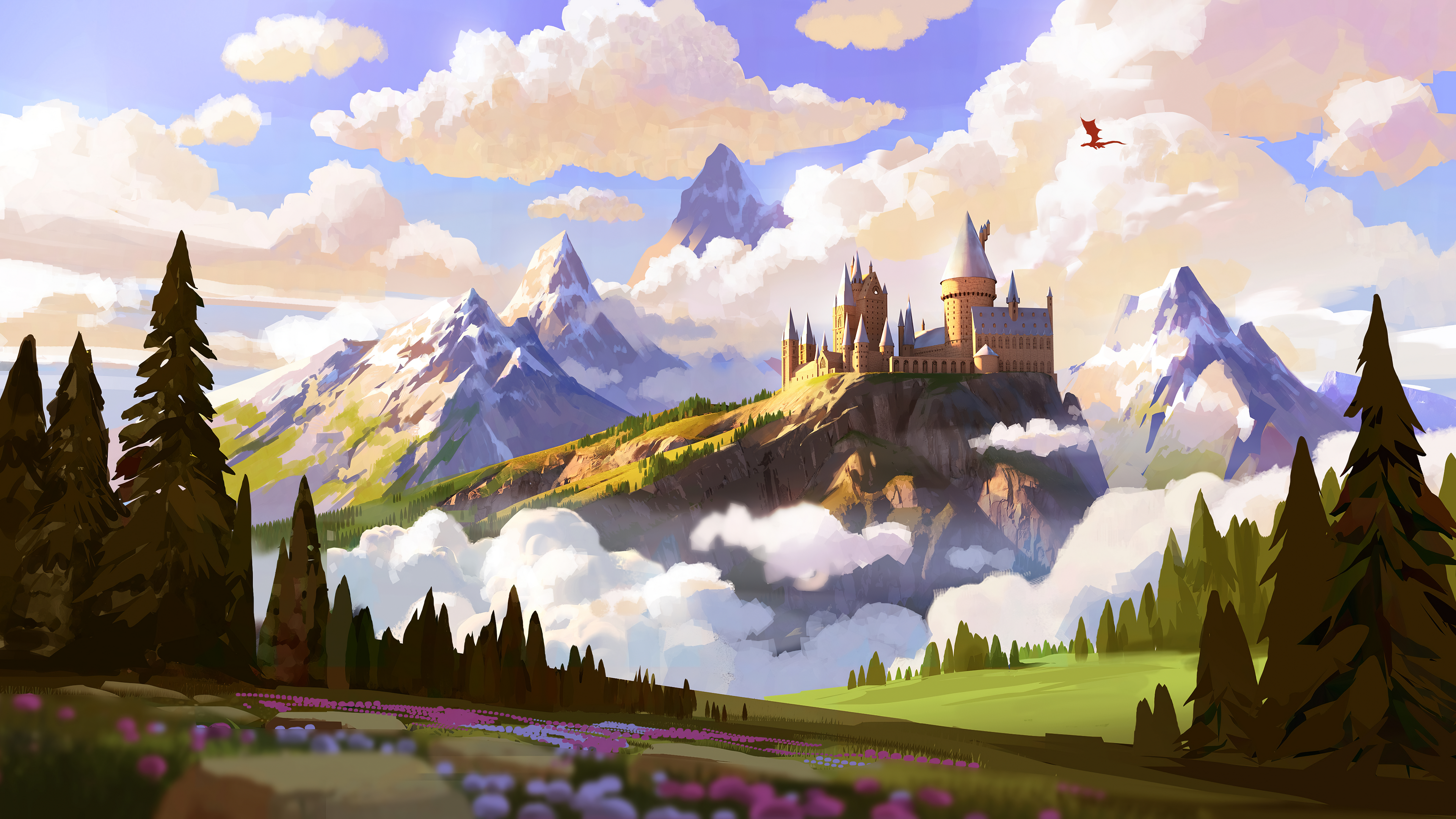General 3840x2160 Hogwarts Harry Potter digital art clouds trees mountains castle fantasy art