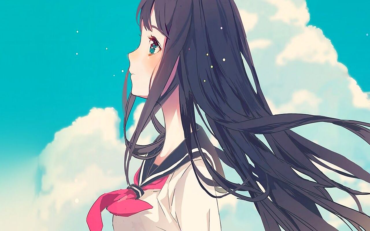 Anime 1280x800 clouds black hair school uniform blushing blue eyes sparkles sky anime girls