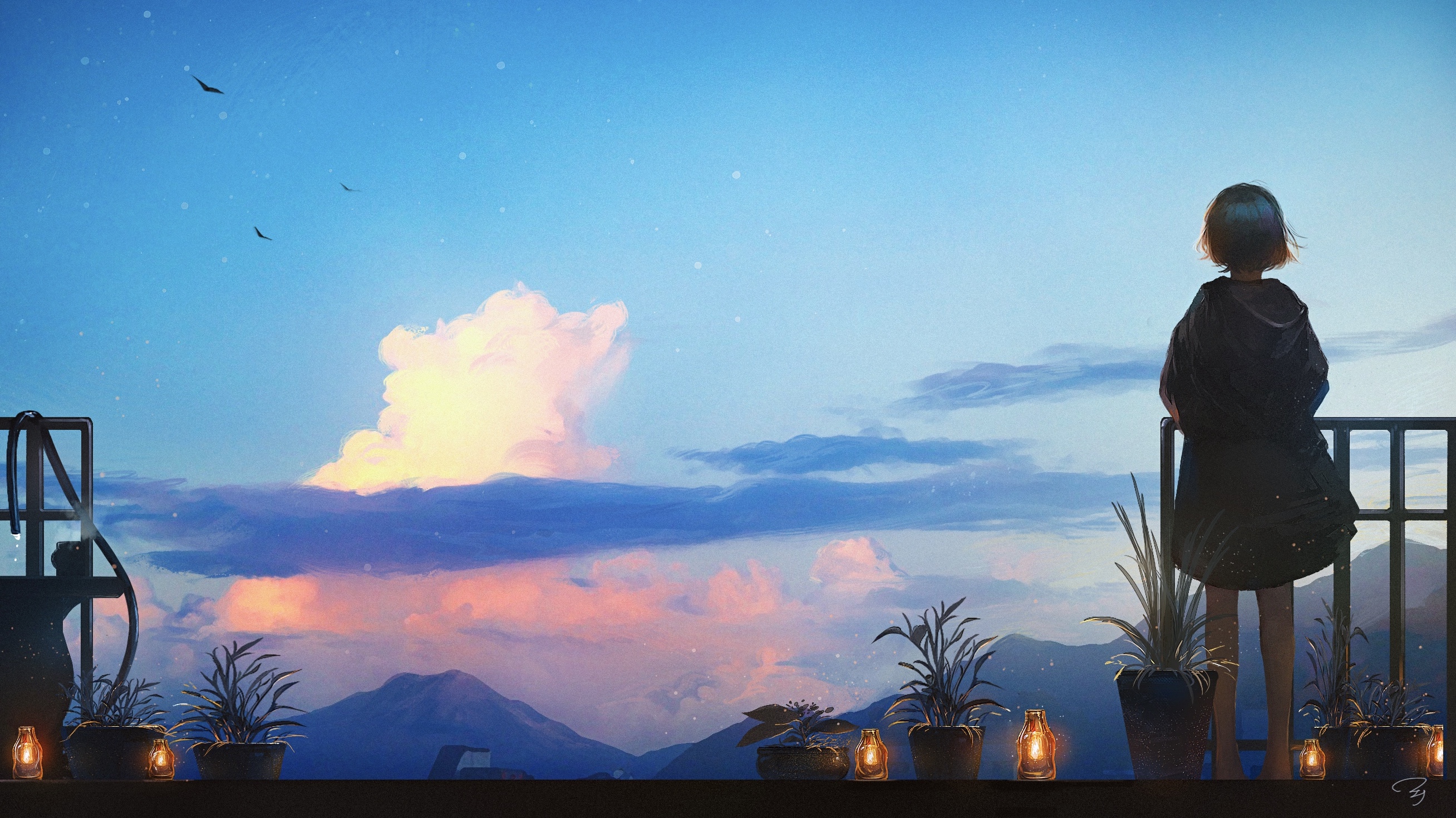 Anime 2616x1471 anime anime girls clouds mountains lantern flowerpot short hair sky dress fence sunset hose birds