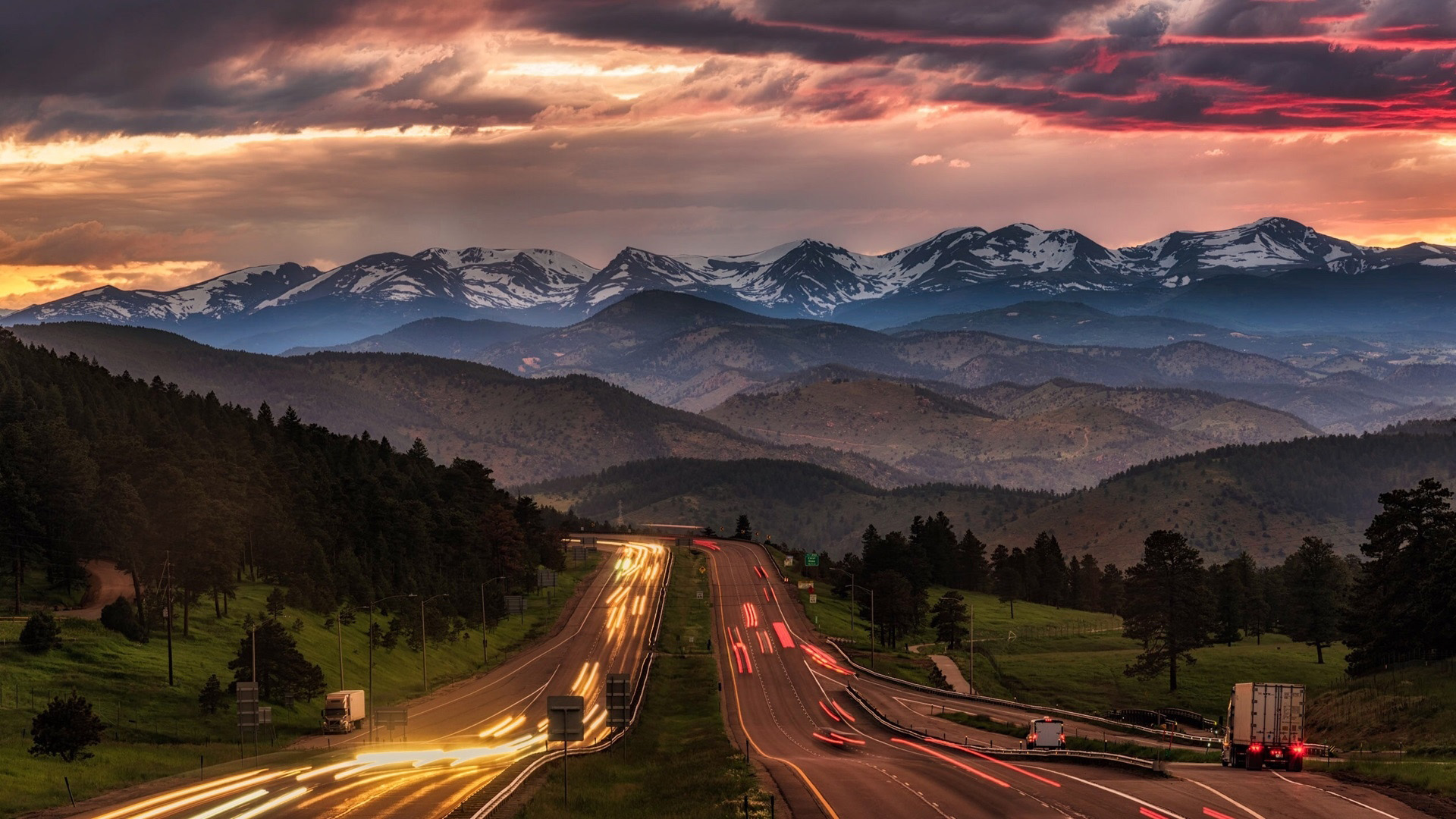 General 1920x1080 nature landscape trees mountains highway evening sunset snowy peak car long exposure light trails forest Rocky Mountains USA Colorado Michael Ryno I-70
