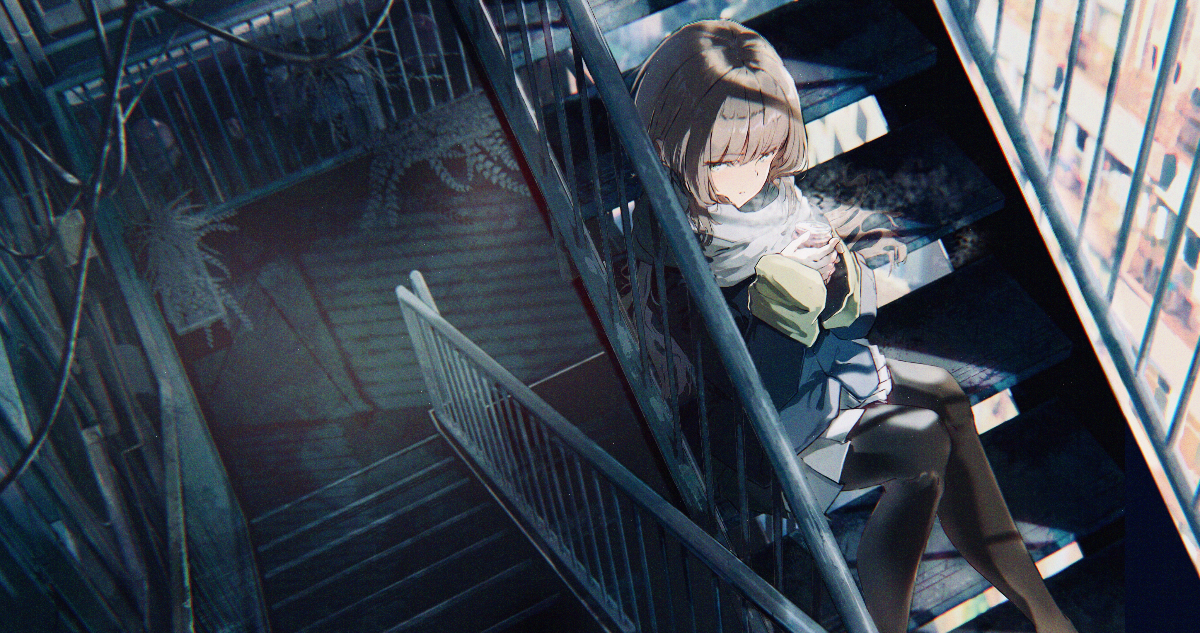 Anime 4096x2160 anime anime girls stairs brunette long hair flowerpot wires scarf can city N.S