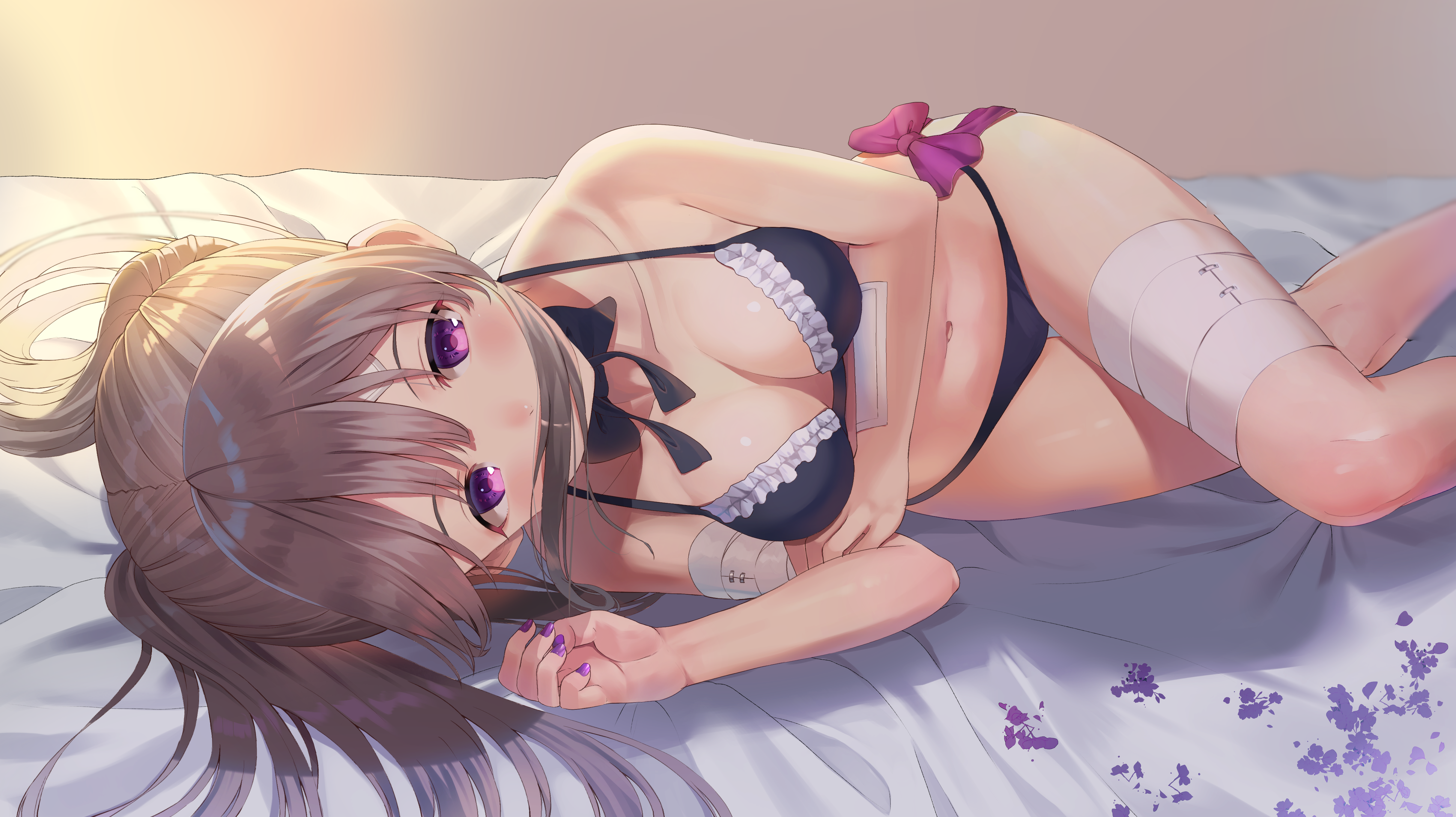 Anime 4856x2726 anime anime girls underwear panties bra legs in bed maid bikini lying on side brunette purple eyes artwork rangen THE iDOLM@STER Kiriko Yukoku