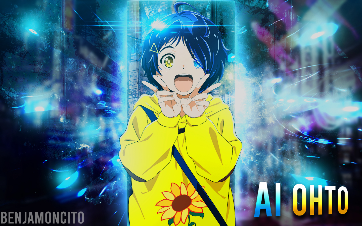 Anime 1440x900 wonder egg priority anime girls anime heterochromia hand gesture blue hair open mouth
