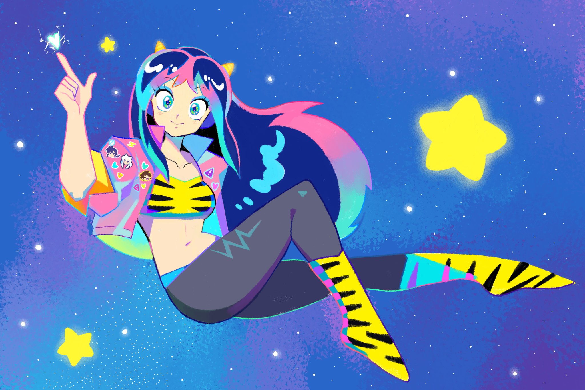 Anime 2048x1365 Urusei Yatsura Lum Invader anime girls closed mouth simple background stars looking at viewer long hair collarbone jacket open jacket belly horns minimalism smiling