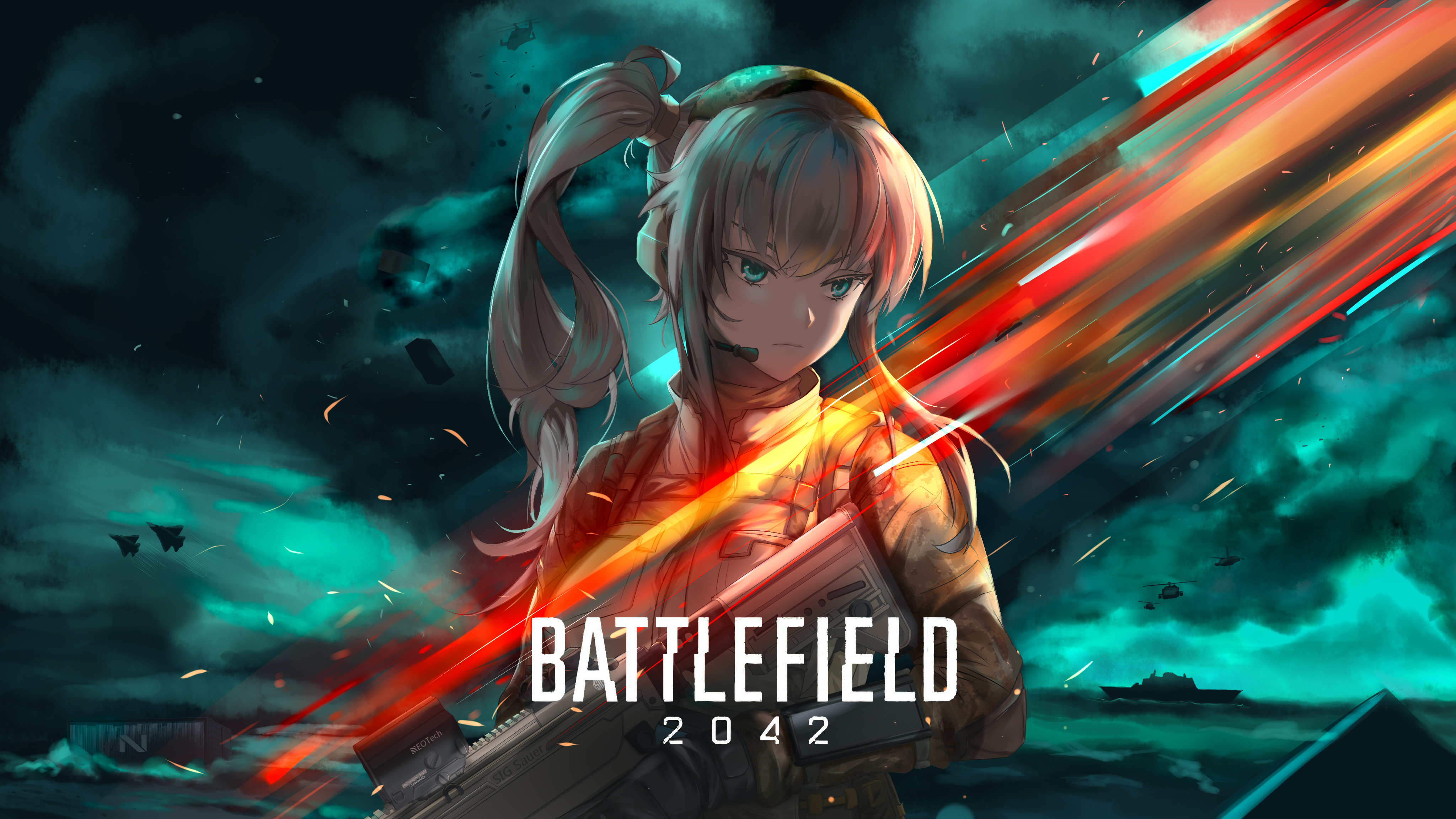 Anime 4096x2304 Battlefield 2042 anime girls military Side ponytail green eyes ash blonde text rifles frown