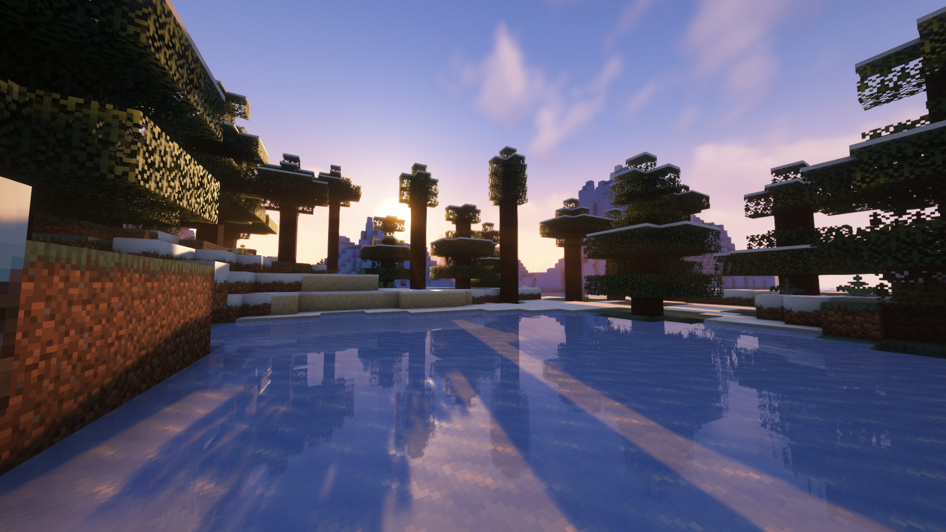 General 1920x1080 Minecraft screen shot shaders Mojang video games reflection video game art water sunset sunset glow trees snow cube sky clouds CGI