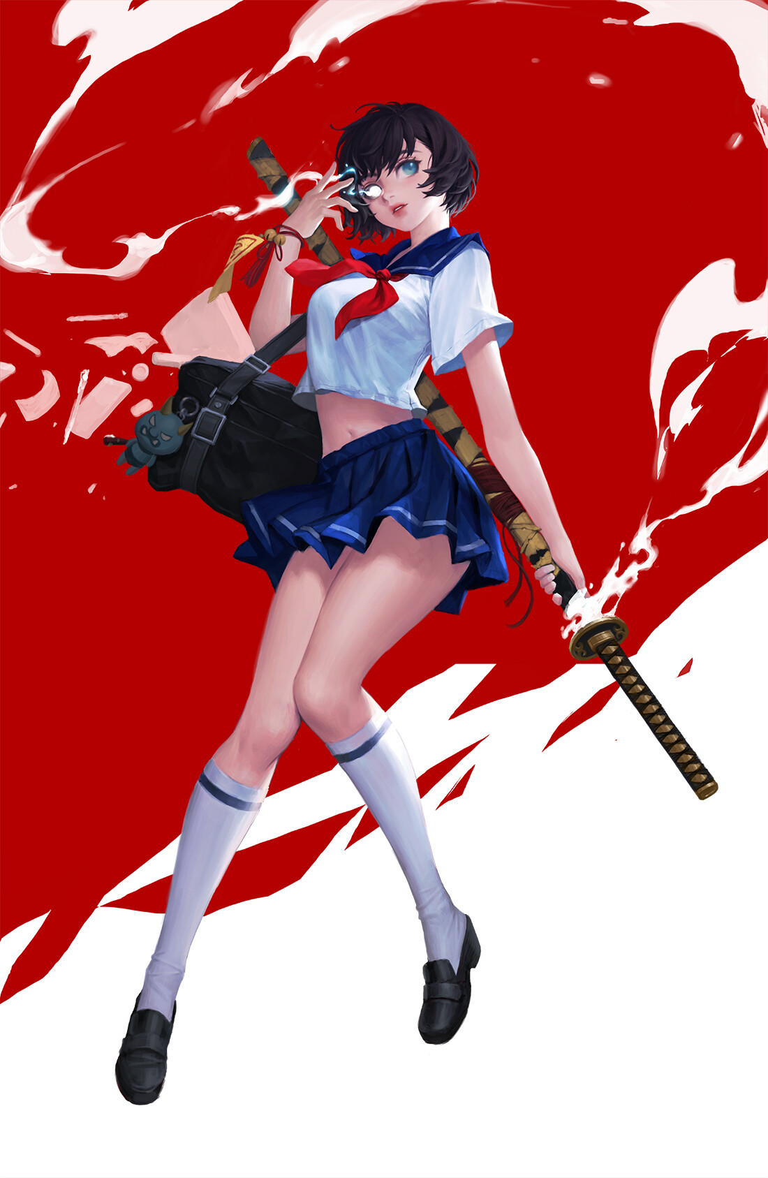 Anime 1100x1687 anime anime girls knees together legs socks miniskirt sword weapon women with swords dark hair red background short hair sailor uniform Cheolseung Ok