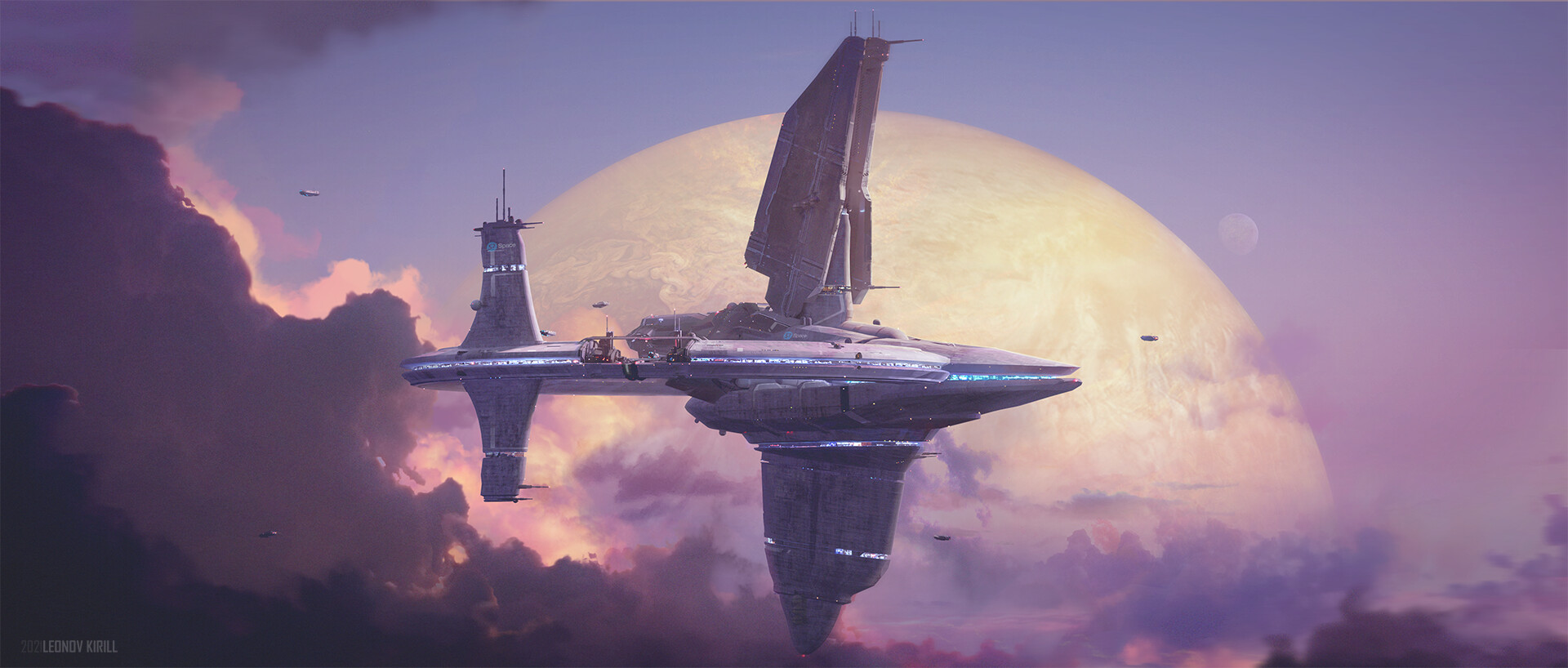 General 1920x818 artwork digital art futuristic ship clouds planet sky spaceship science fiction Kirill Leonov