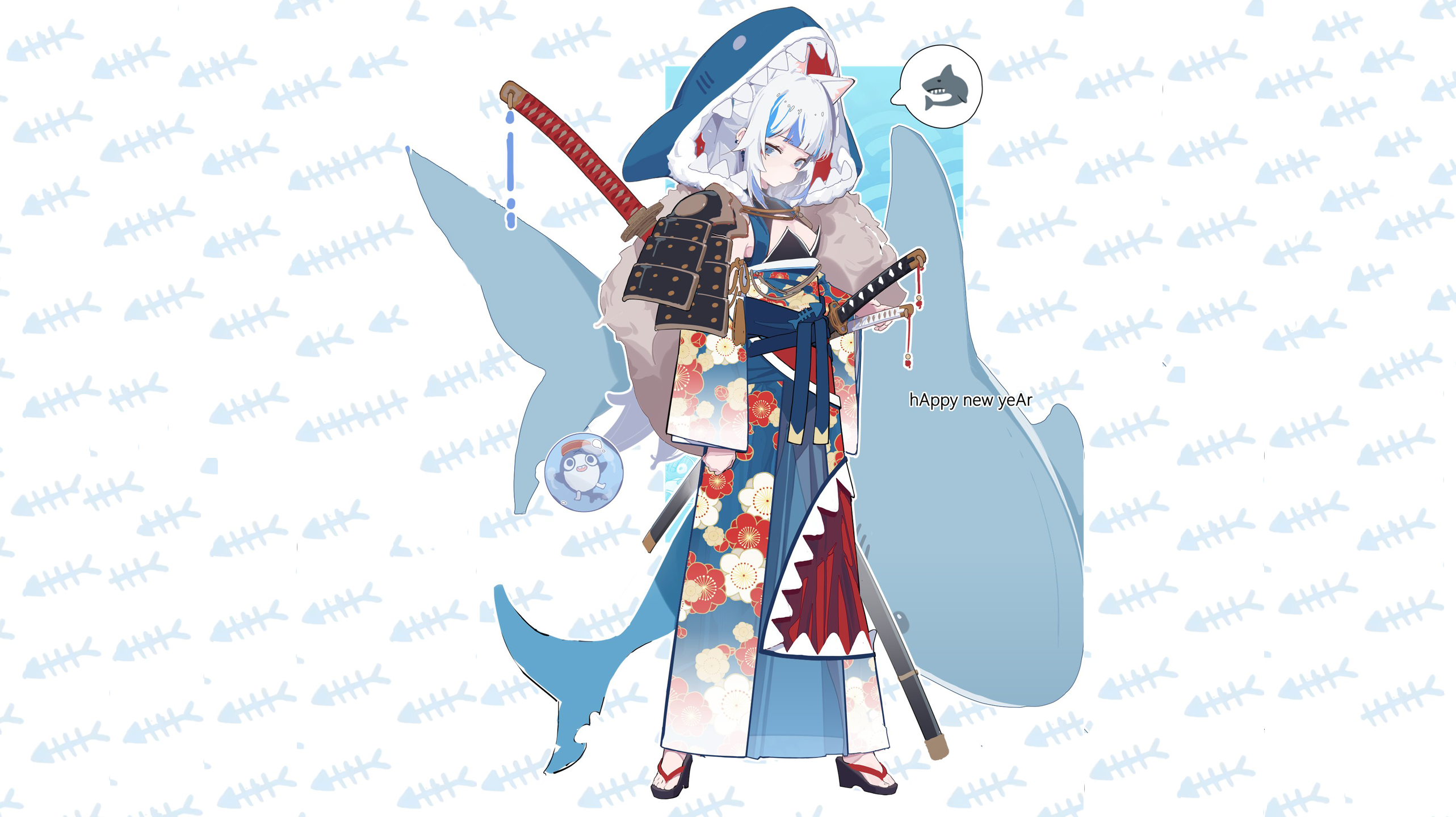 Anime 2565x1440 Virtual Youtuber Gawr Gura white hair two tone hair blue eyes white background katana shark kimono Hololive