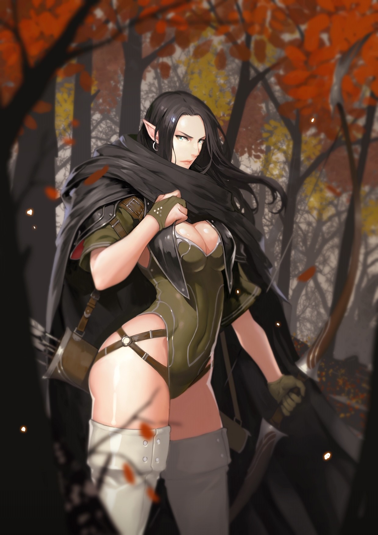General 1240x1754 Soonjae Hong drawing women elves brunette bodysuit cape straps thigh-highs forest fall archer