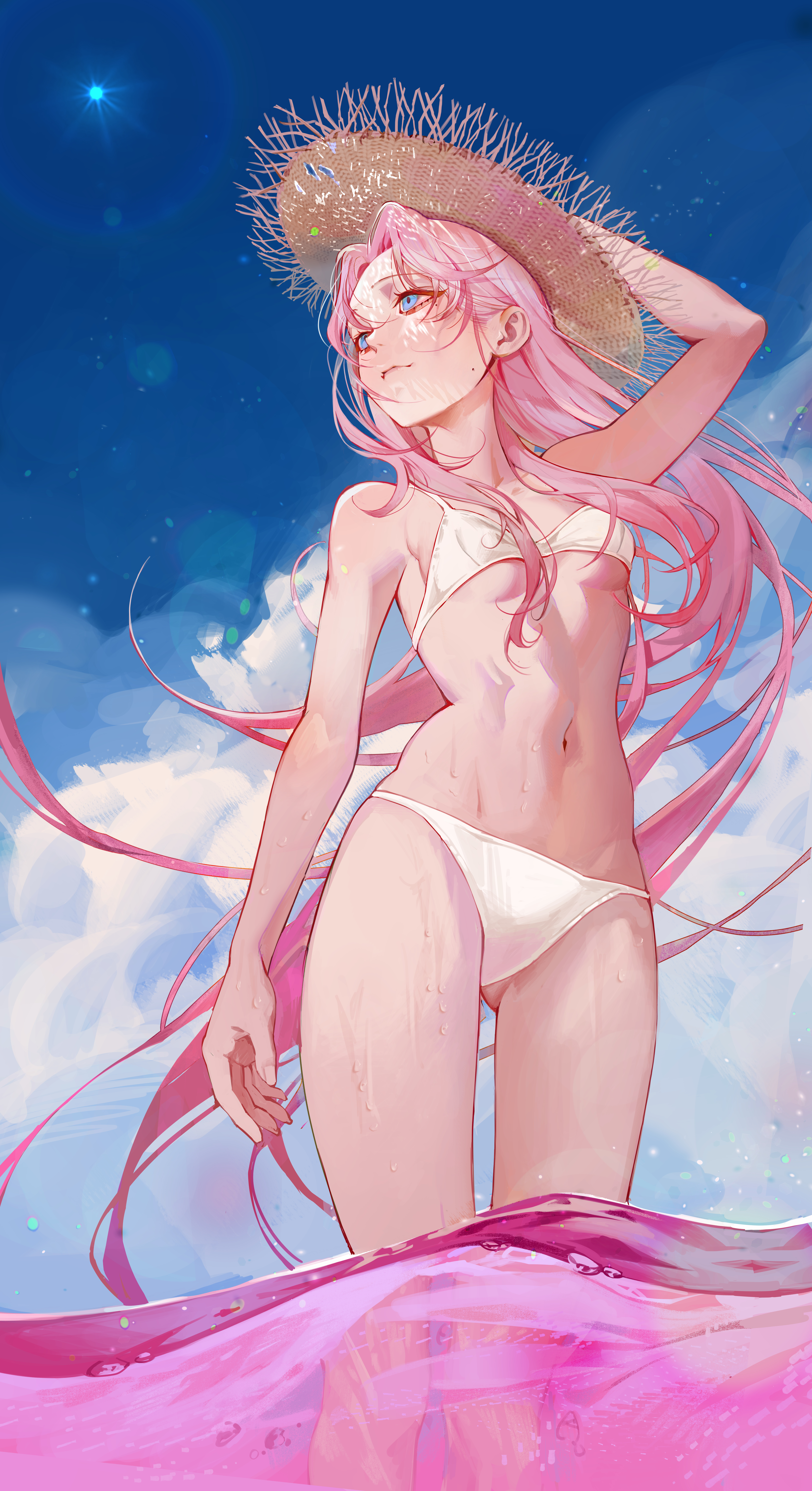 Anime 4536x8327 anime anime girls NeA artwork long hair pink hair blue eyes straw hat bikini belly