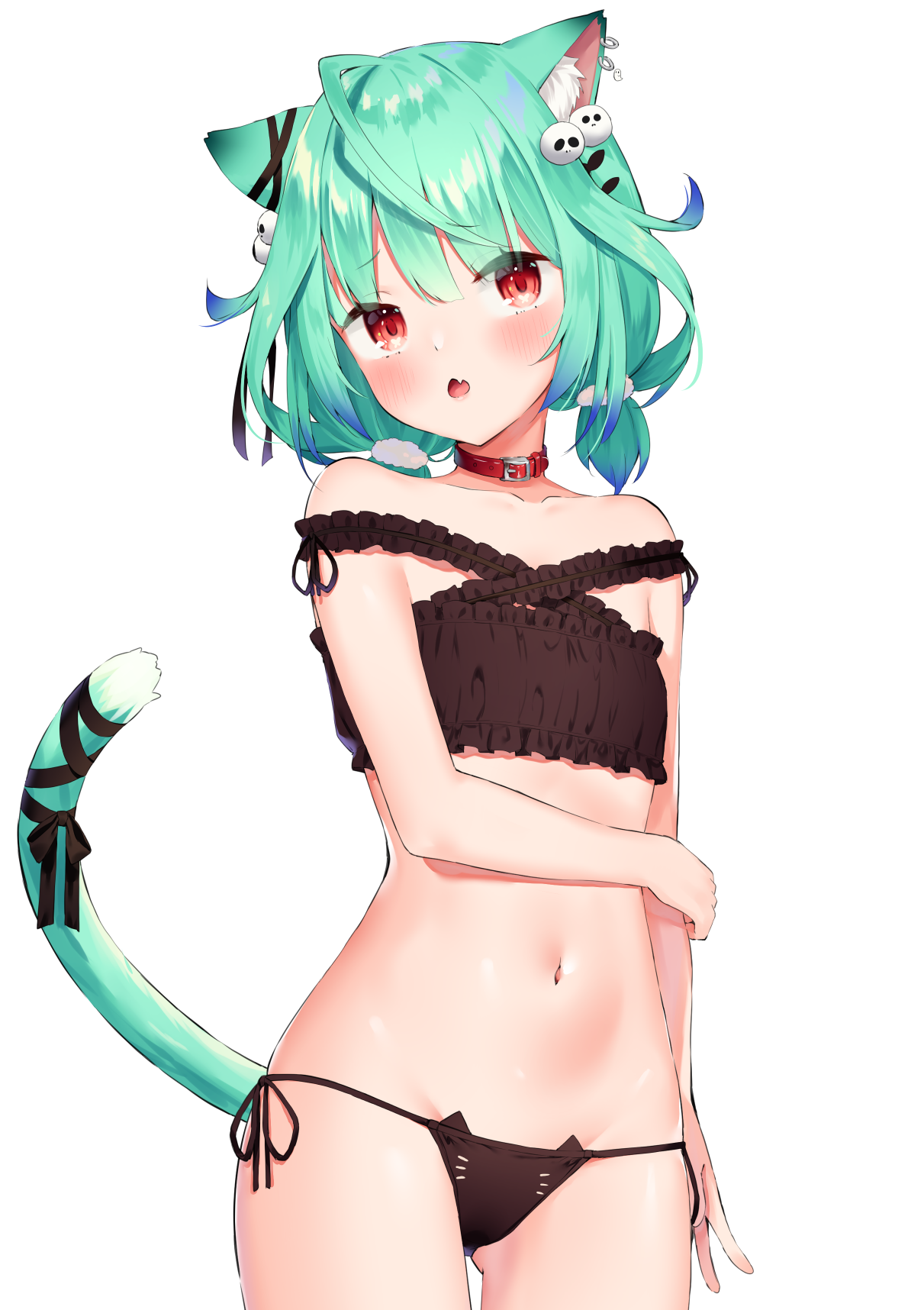 Anime 1211x1716 animal ears Hololive animal print arms crossed bare shoulders black bras black panties bra boobs cat ears cat girl cat tail collar collarbone fangs green hair hair ornament looking at viewer belly button panties red eyes short hair simple background small boobs belly tail underwear Virtual Youtuber white background anime girls blushing