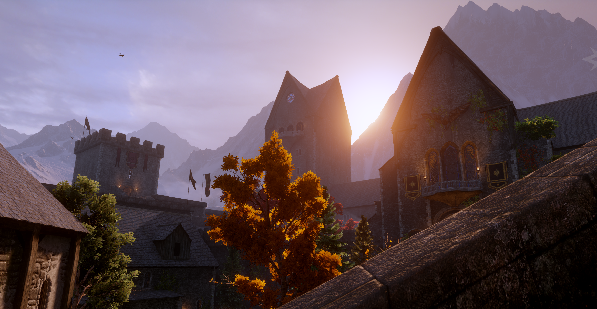 General 2330x1206 Dragon Age: Inquisition Dragon Age Skyhold castle landscape red orange mountains digital art video games