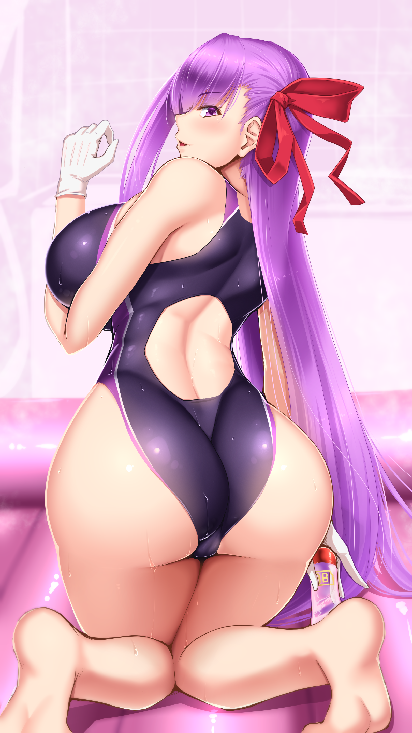 Anime 1620x2880 anime girls Fate series Fate/Extra Shuugetsu Karasu one-piece swimsuit ass curvy wide hips kneeling big boobs purple hair long hair purple eyes BB (Fate/Extra CCC )