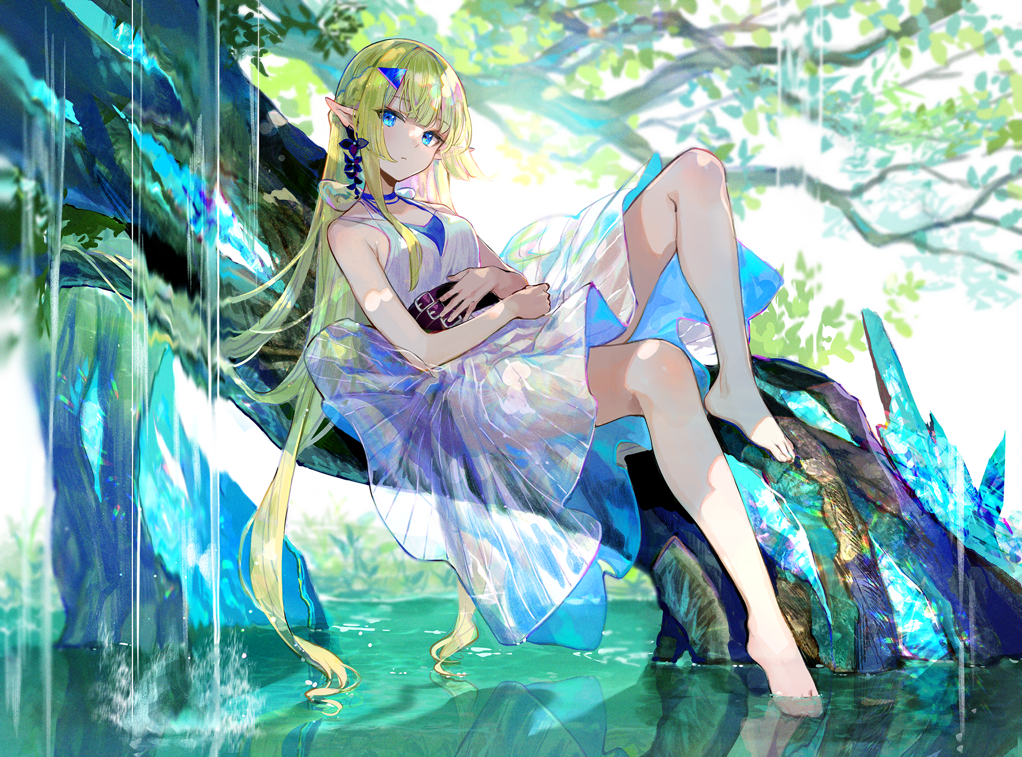 Anime 2000x1483 anime anime girls barefoot blonde blue eyes pointy ears elves dress water Fuji Choko
