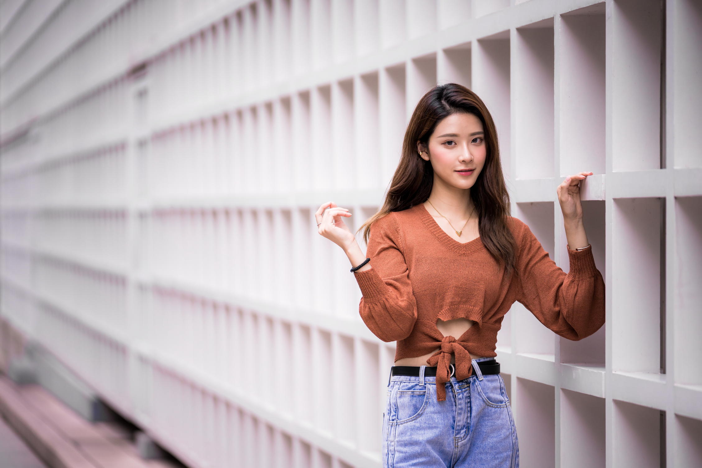 People 2257x1504 Asian model women long hair brunette depth of field jeans short tops leaning