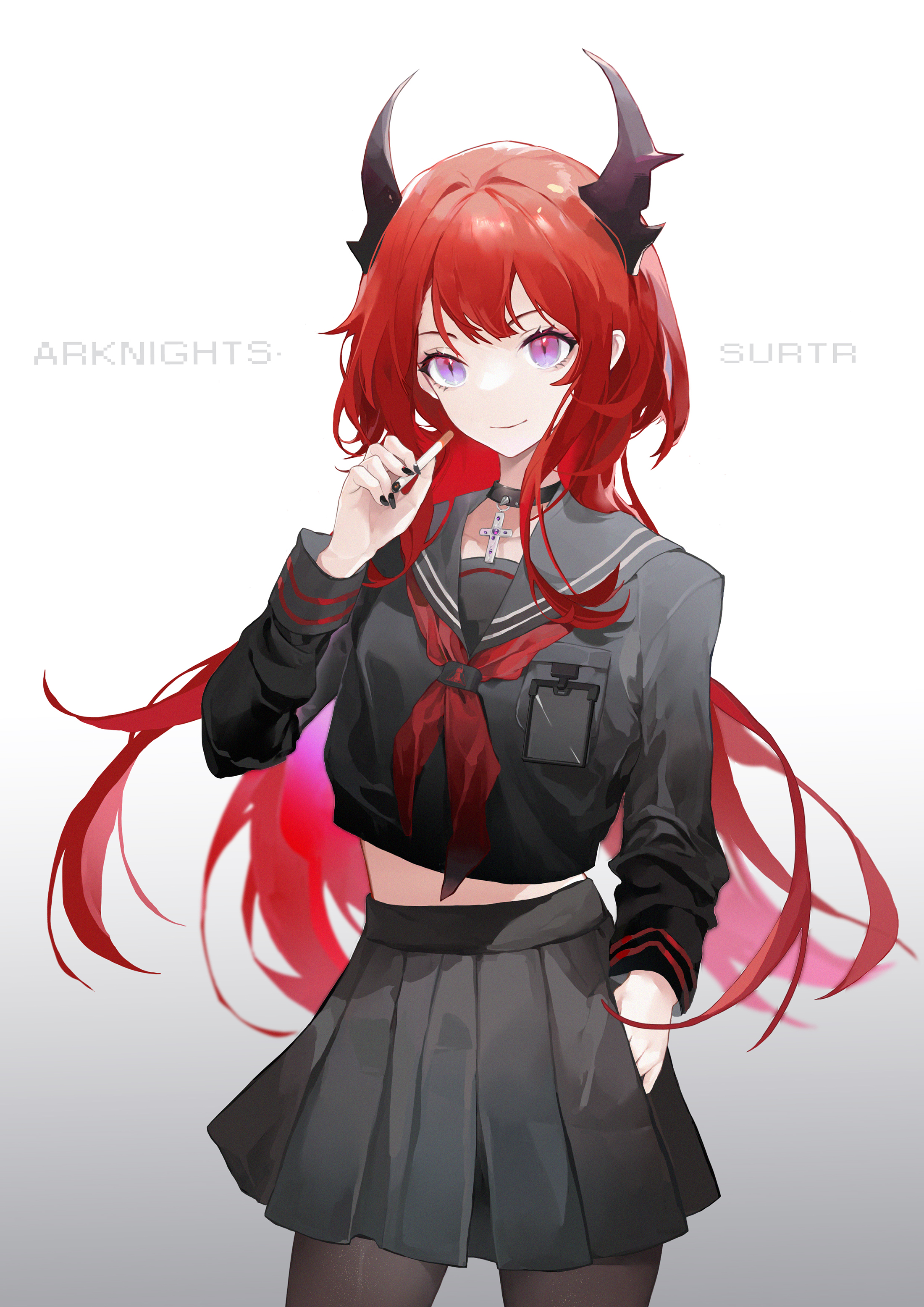 Anime 2200x3112 anime anime girls Bowco Arknights Surtr (Arknights) redhead horns purple eyes school uniform