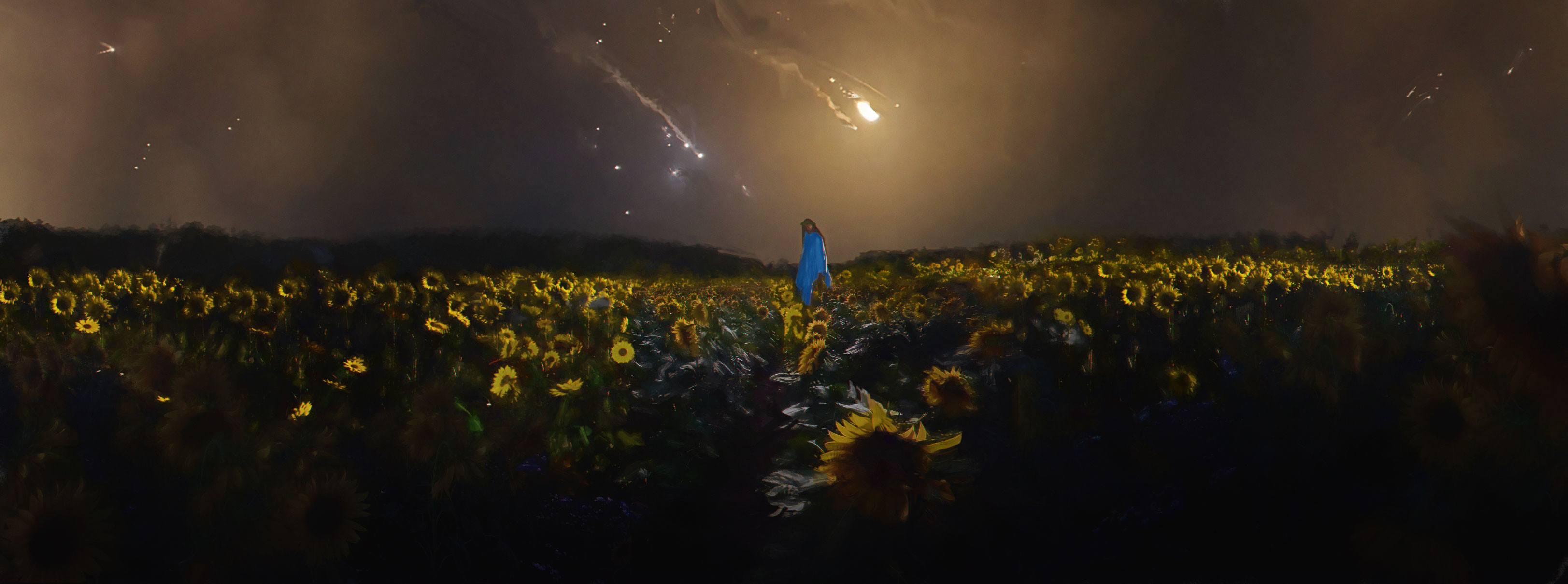 General 3246x1210 artwork digital art nature sunflowers shooting stars