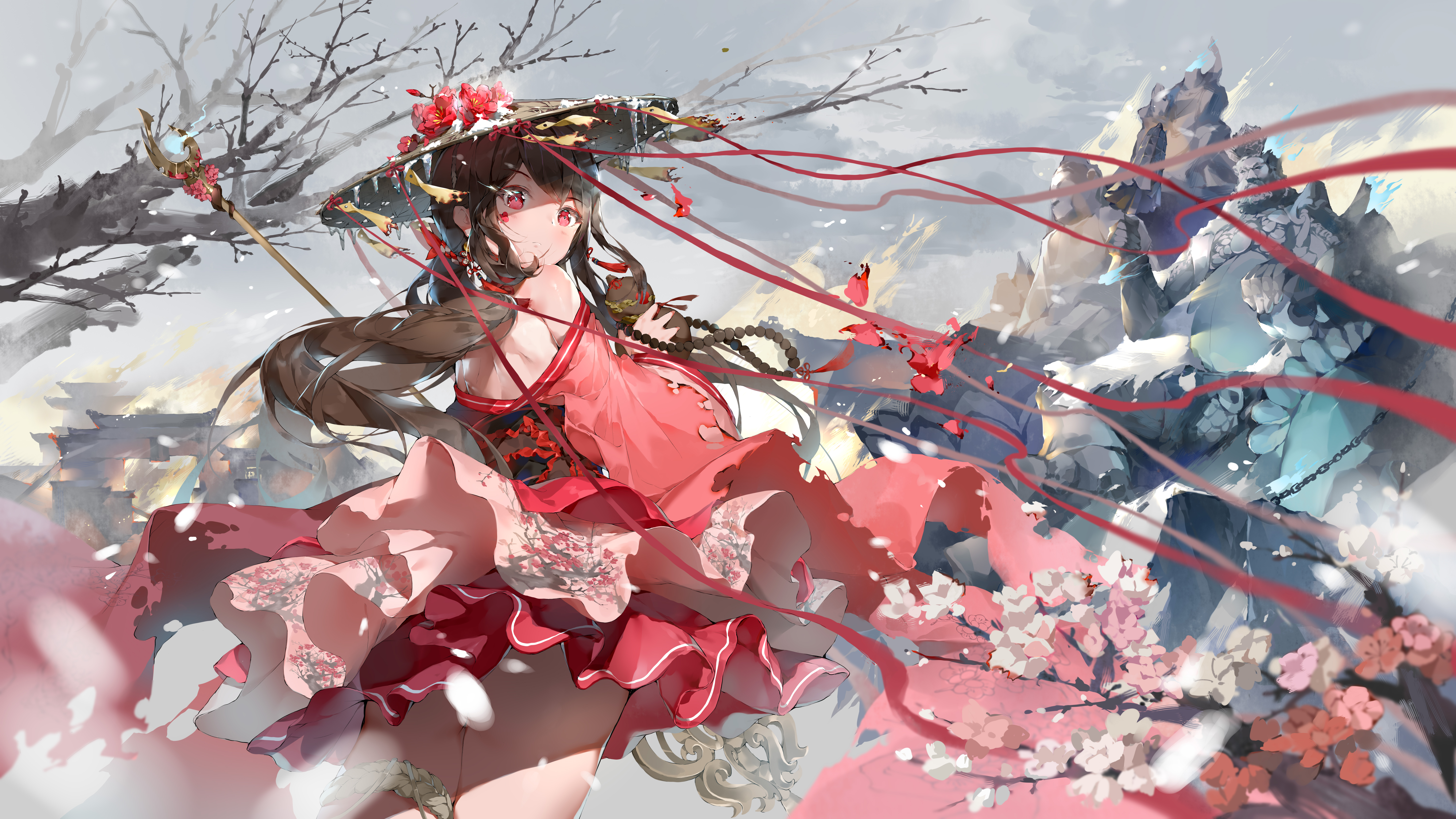 Anime 8640x4860 anime anime girls red eyes brunette long hair artwork Bodhi Wushushenghua Chinese clothing BODHI bare shoulders hat looking at viewer flowers looking over shoulder sky looking back snow leg garter closed mouth hair blowing in the wind wind off shoulder