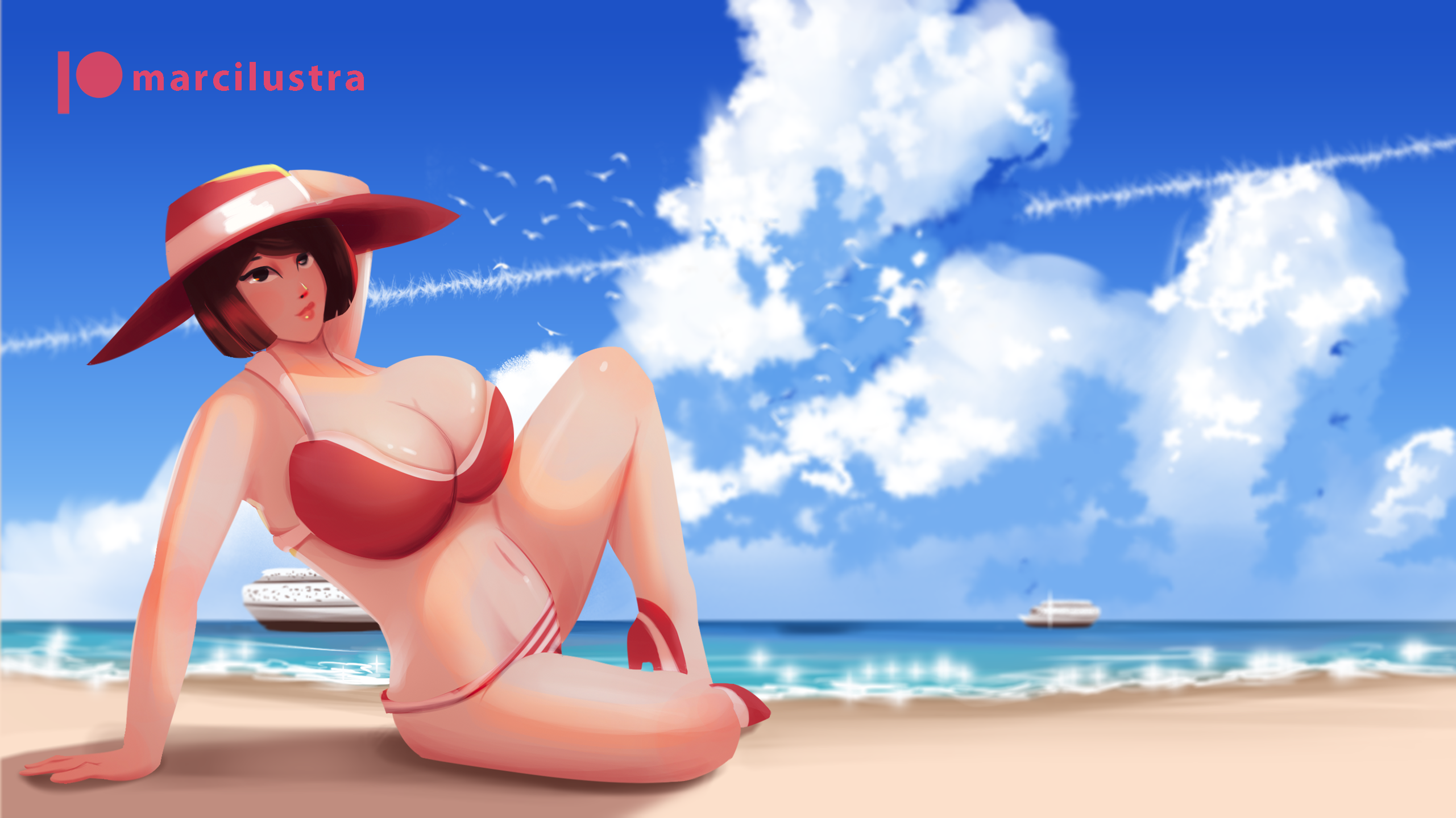 Anime 2561x1440 big boobs striped panties beach clouds red bikini women outdoors cruise ship seashore birds belly thighs thick body curvy short hair Marci Lustra