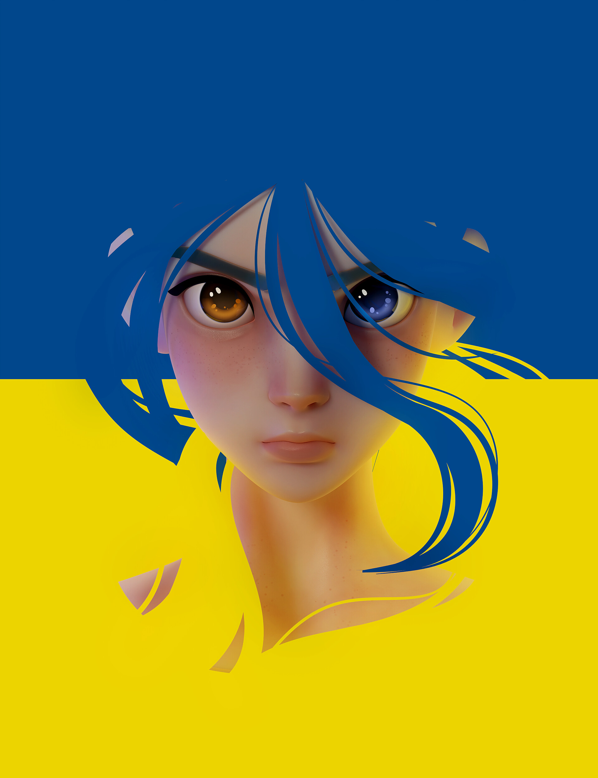 Anime 1920x2496 Ukraine anime anime girls heterochromia face hair in face flag flag of Ukraine women looking at viewer portrait portrait display hair between eyes two tone closed mouth minimalism simple background long hair