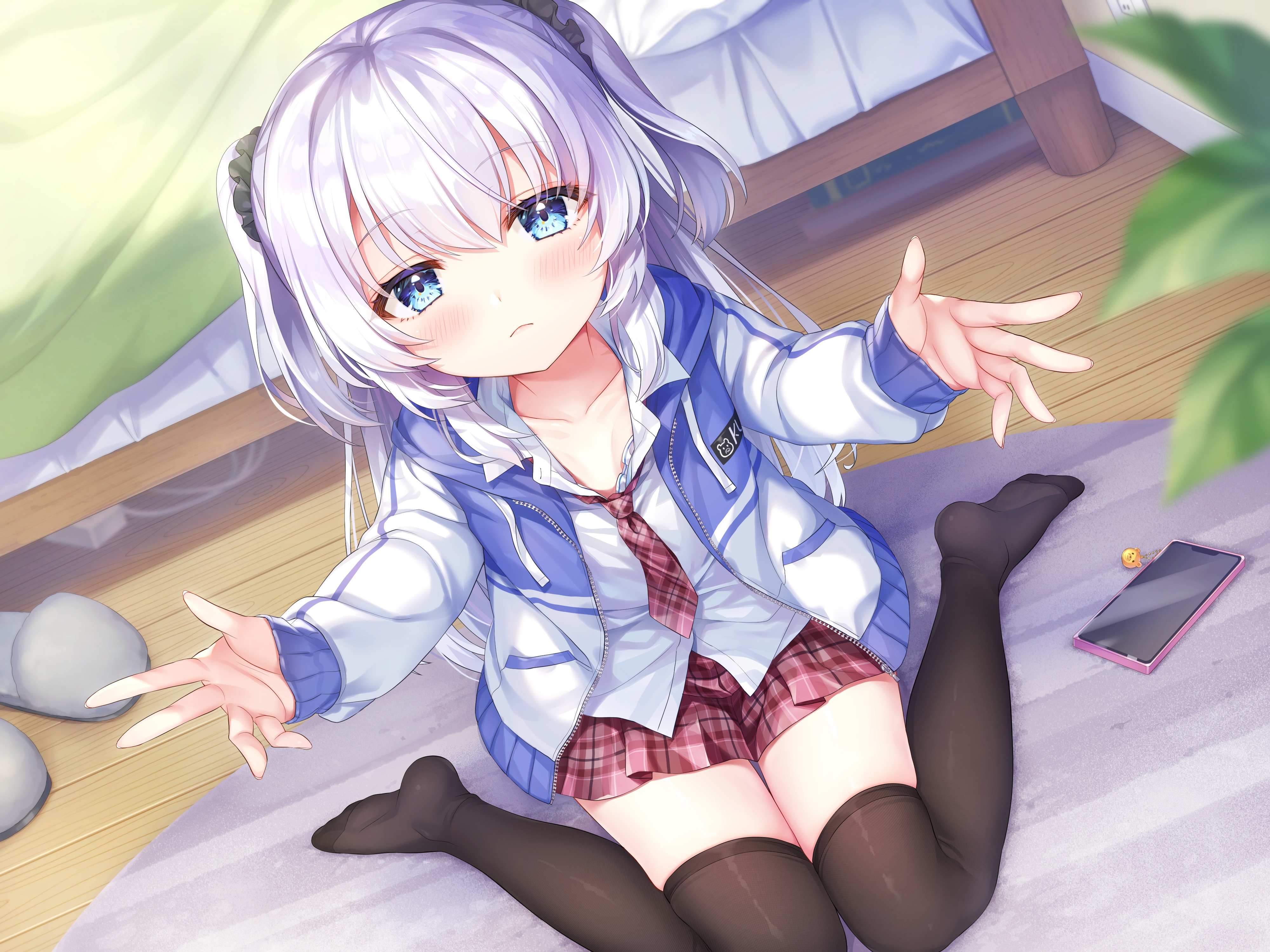 Anime 4000x3000 anime anime girls silver hair blue eyes school uniform thigh-highs kneeling loli