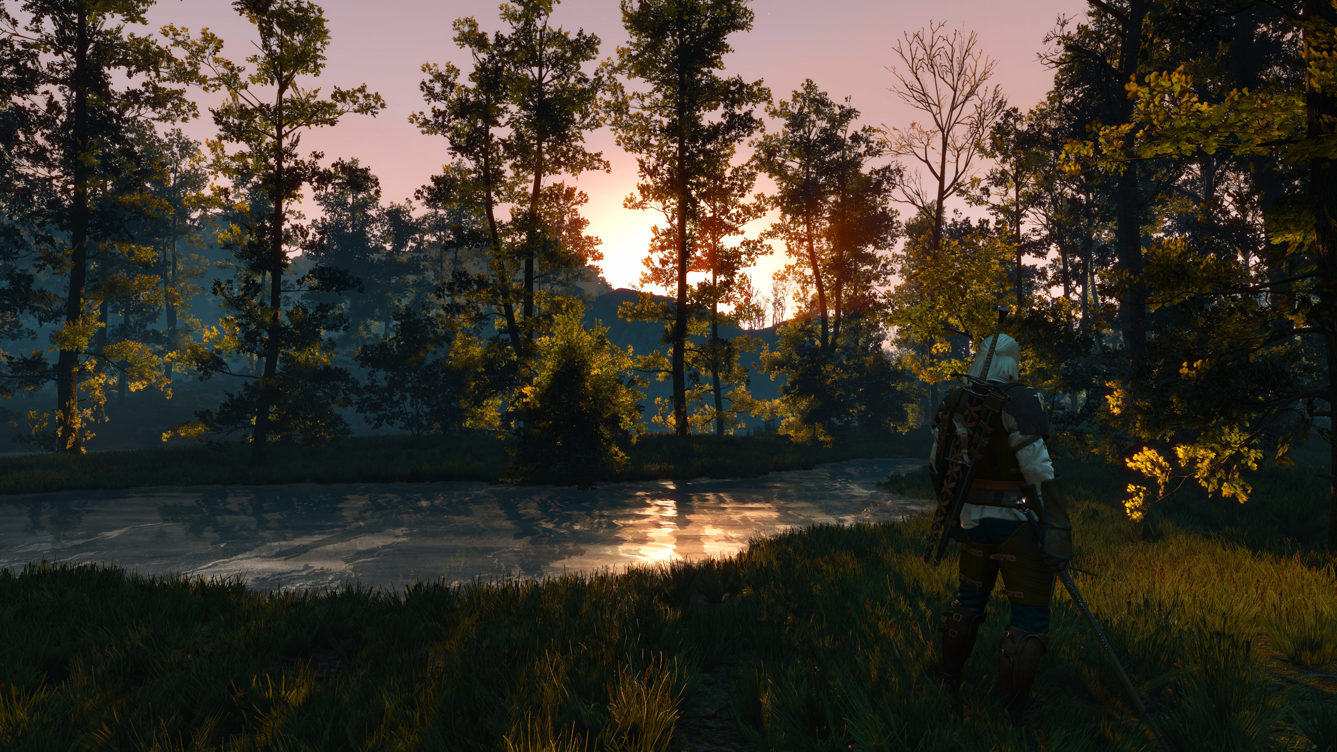 General 4268x2402 lake trees sword PC gaming white hair video game men reflection video game characters dawn video games Geralt of Rivia The Witcher Andrzej Sapkowski RPG 4K gaming CD Projekt RED river screen shot standing The Witcher 3: Wild Hunt