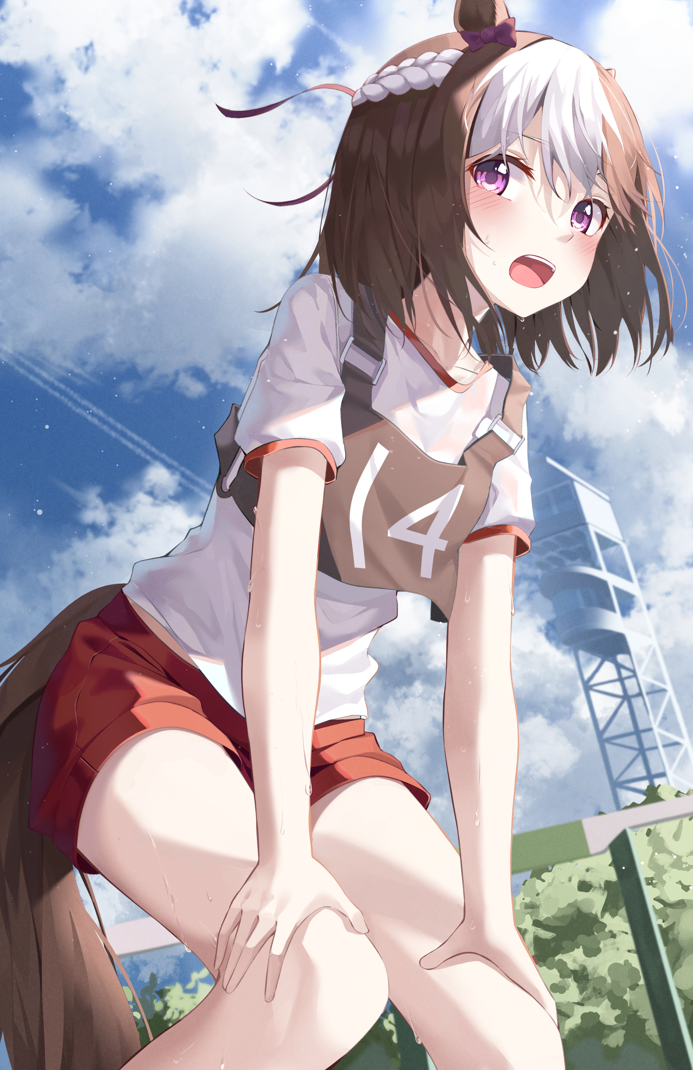 Anime 2259x3486 anime anime girls 2D digital art looking at viewer running horse girls hands on knees silver hair white shirt shorts brunette clear sky clouds outdoors Uma Musume Pretty Derby Special Week (Uma Musume)