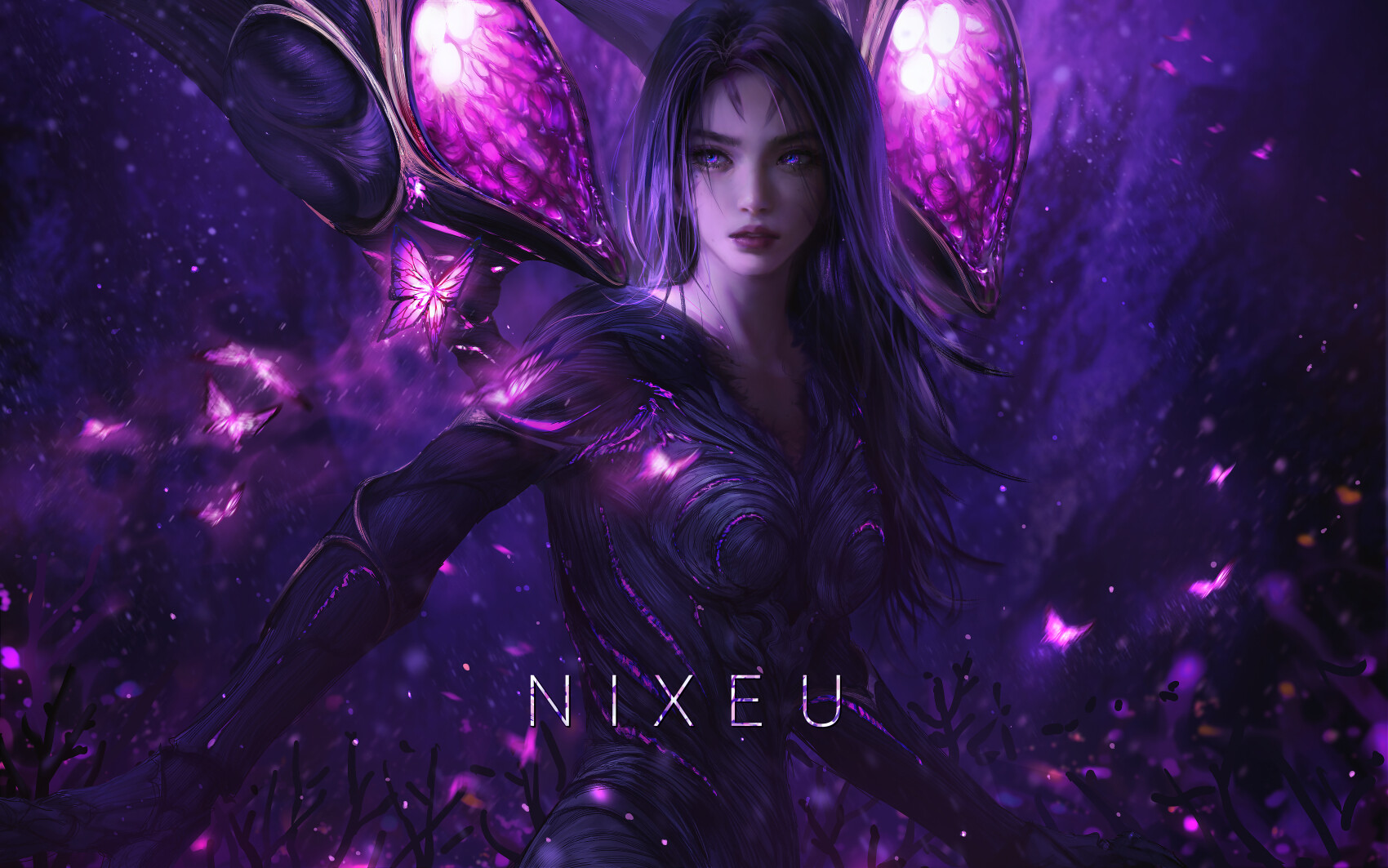General 1700x1063 Nixeu drawing dark hair purple eyes magic purple dark fantasy art League of Legends video games