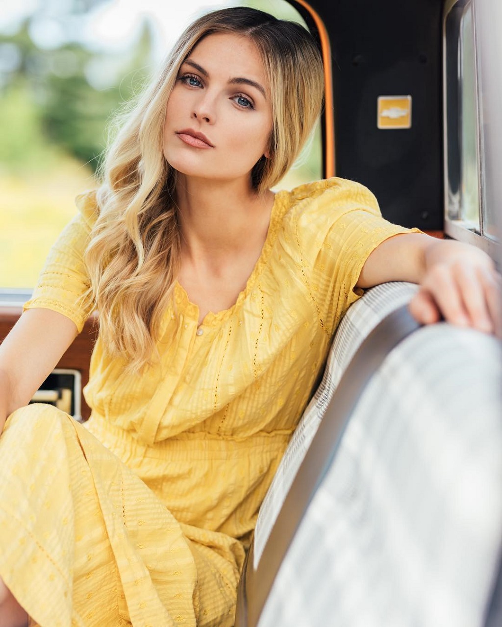 People 1024x1280 women model long hair Ashley Booth yellow dress dress sitting in the car closed mouth classy summer  dress