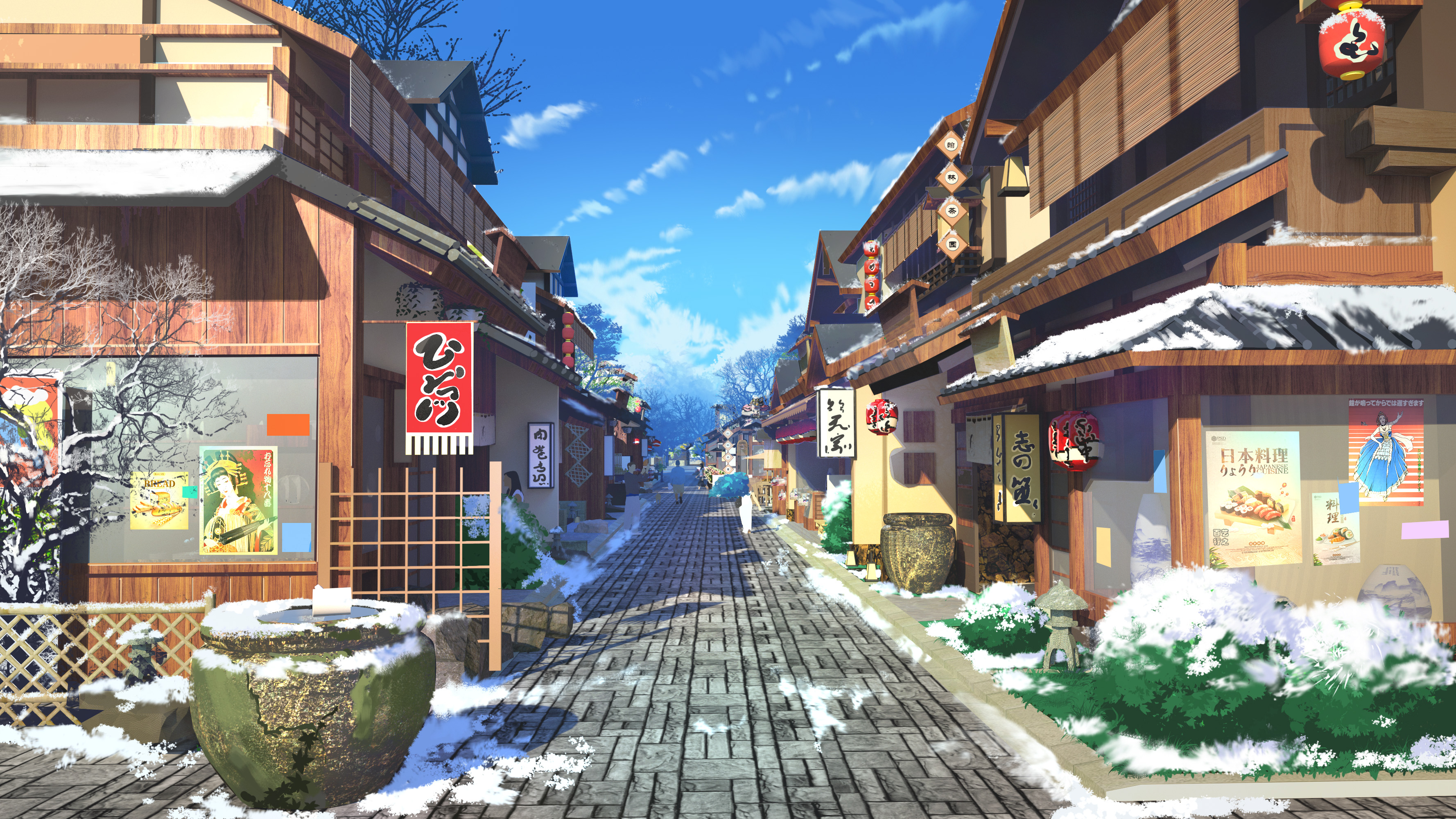 Anime 3556x2000 Touhou Game CG sky clouds street snow digital art daylight trees plant pot Asian architecture