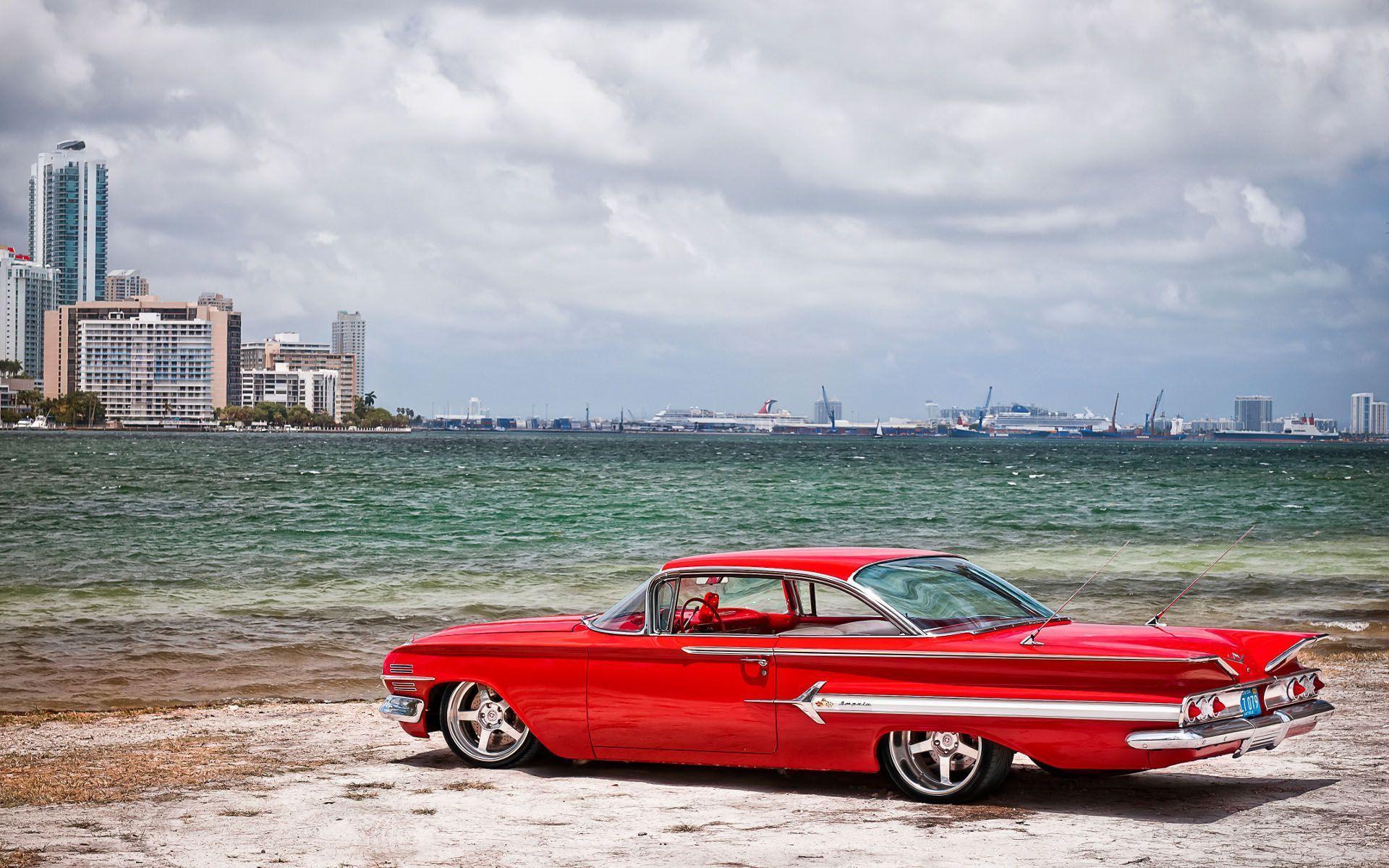 General 1920x1200 red tuning beach old car white blue light blue Chevrolet Chevrolet Impala American cars