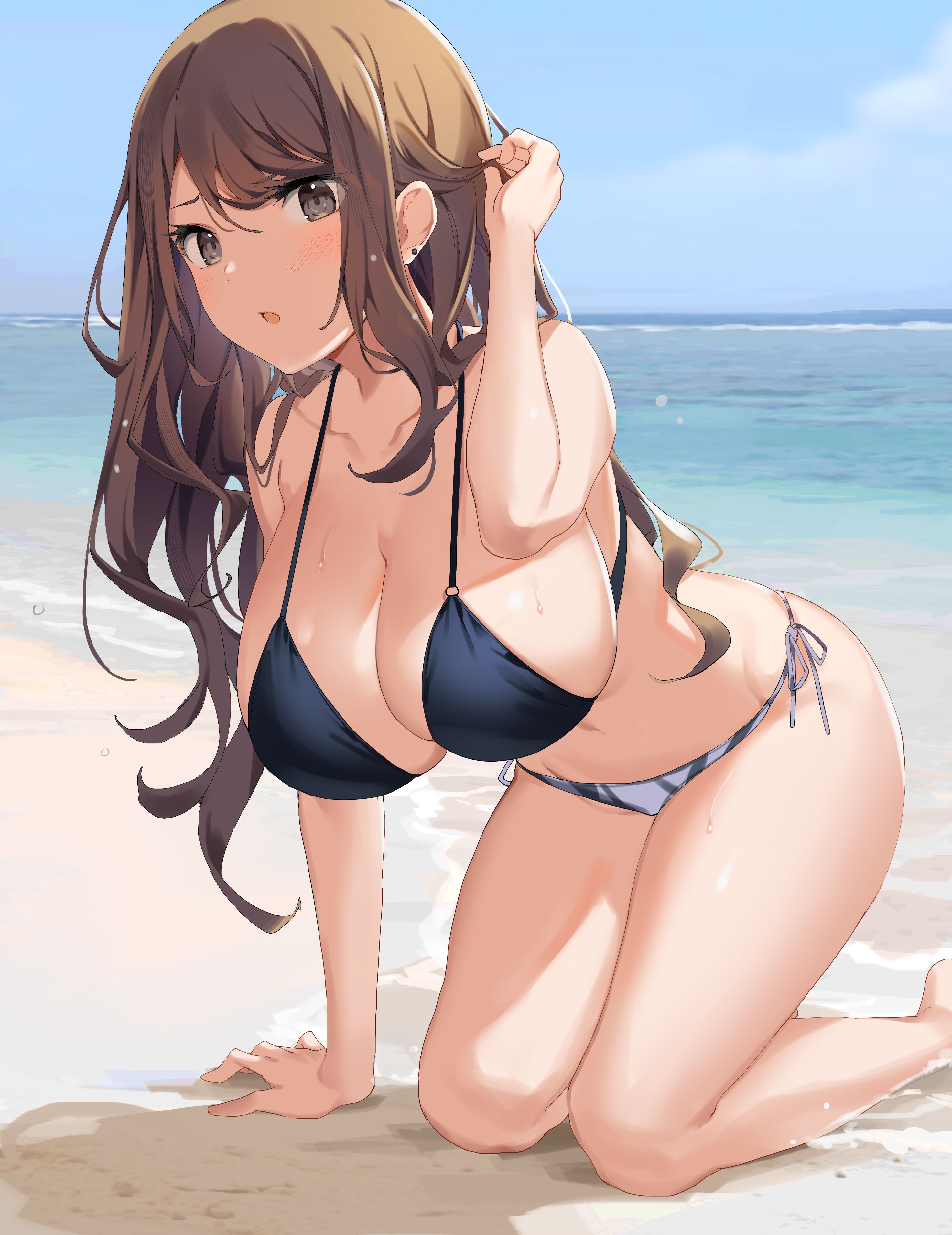 boobs, kneeling, bent over, brunette, dark eyes, Icomochi, big boobs, anime  girls, bikini, beach, huge breasts | 2944x3819 Wallpaper 
