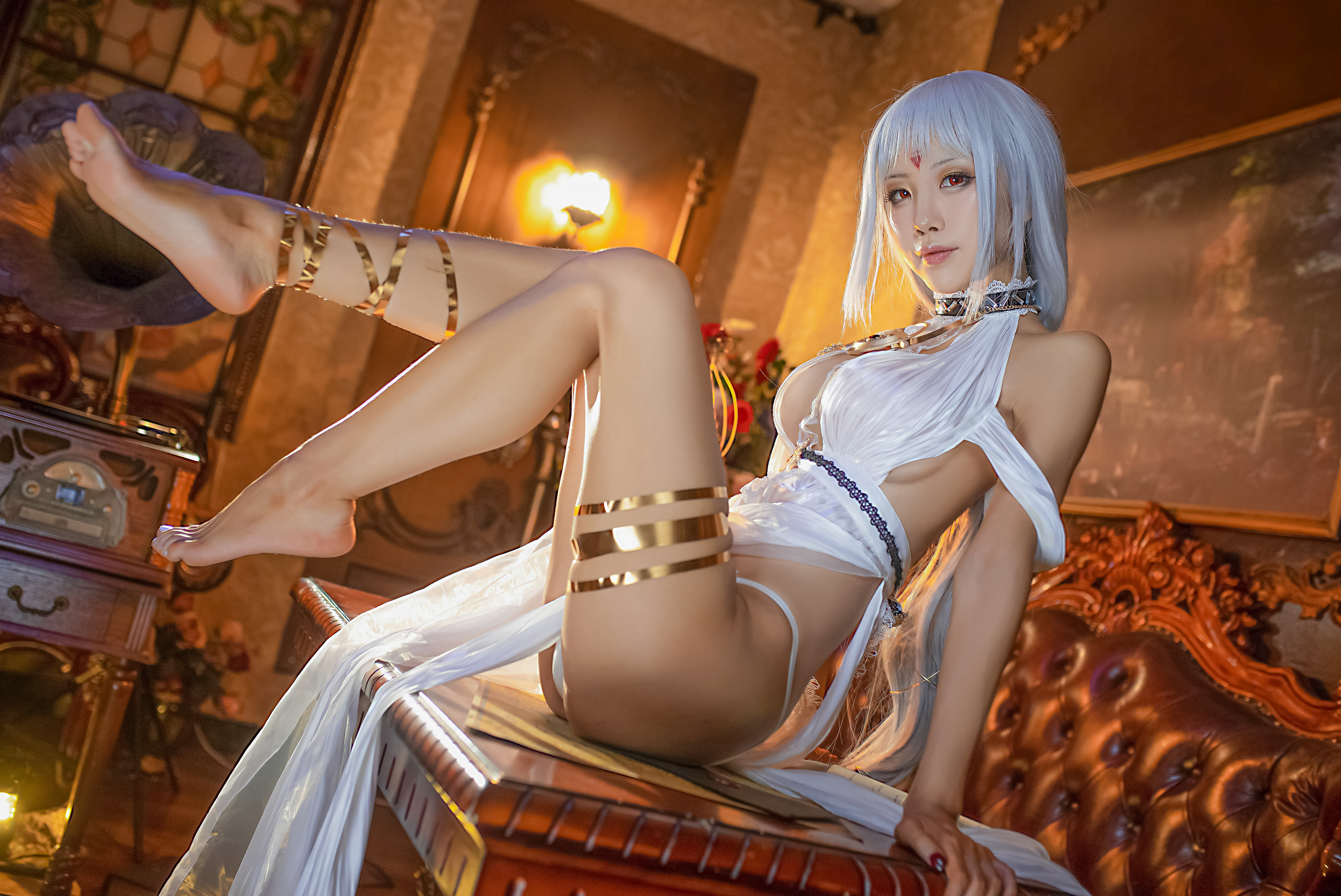 People 2990x2000 women model Asian cosplay Shuimiaoaqua Chinese model Chinese Azur Lane Massachusetts (Azur Lane) cleavage big boobs women indoors looking at viewer silver hair red eyes pointed toes Chinese women