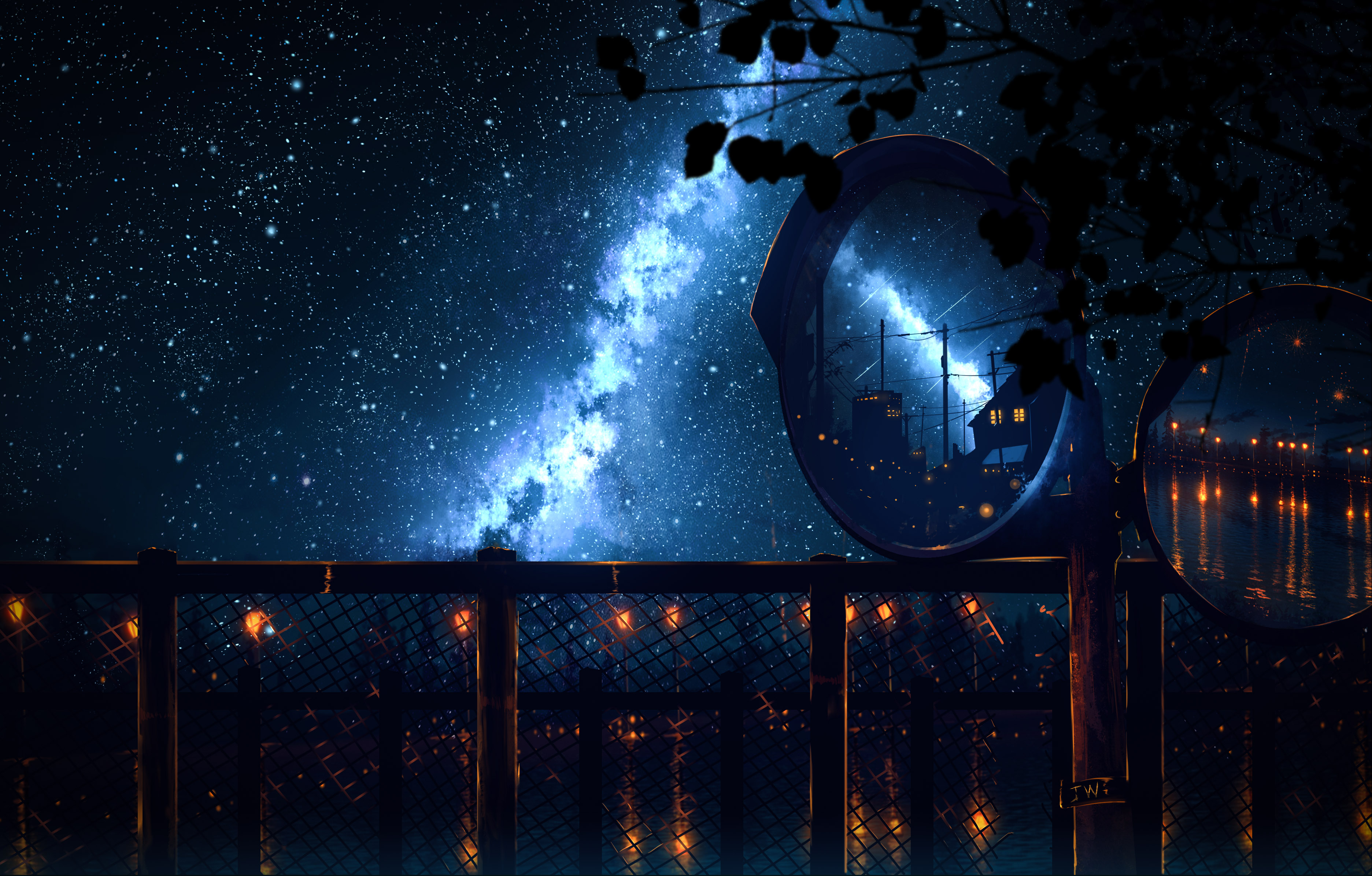 Anime 3745x2392 digital art stars mirror city lights trees Milky Way fence river