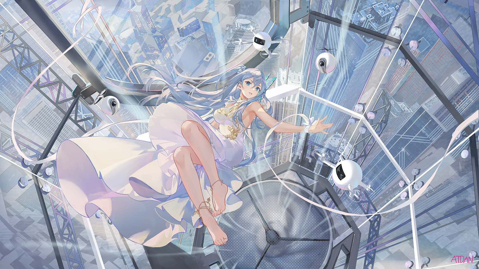 Anime 1680x946 anime anime girls digital art artwork 2D portrait Atdan Synthesizer v falling blue hair blue eyes dress white dress barefoot floating sideboob