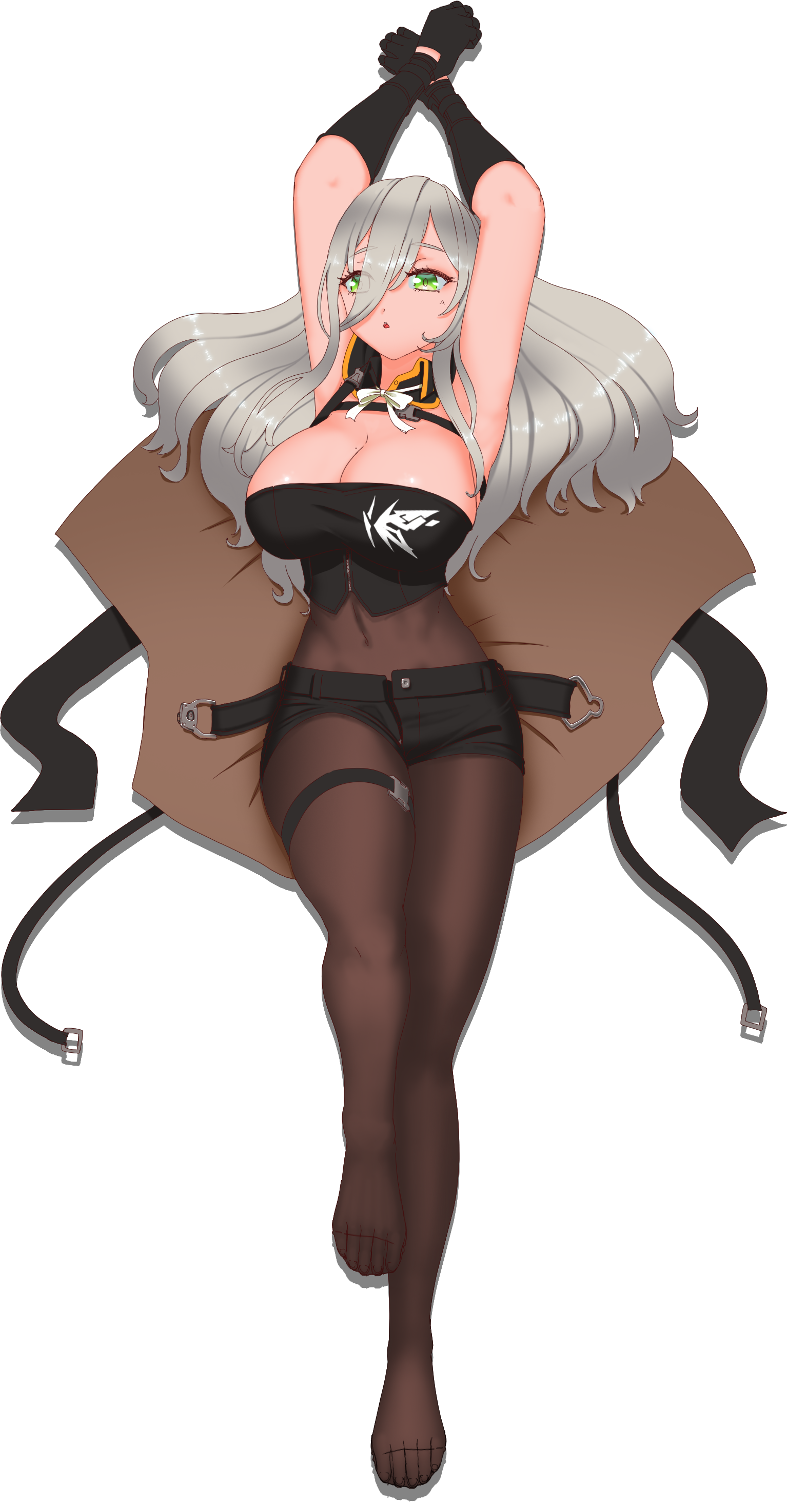 Anime 1534x2926 LEE NABI LEE Soulworker anime boobs big boobs legs legs together simple background black background arms up gray hair long hair green eyes bodystocking