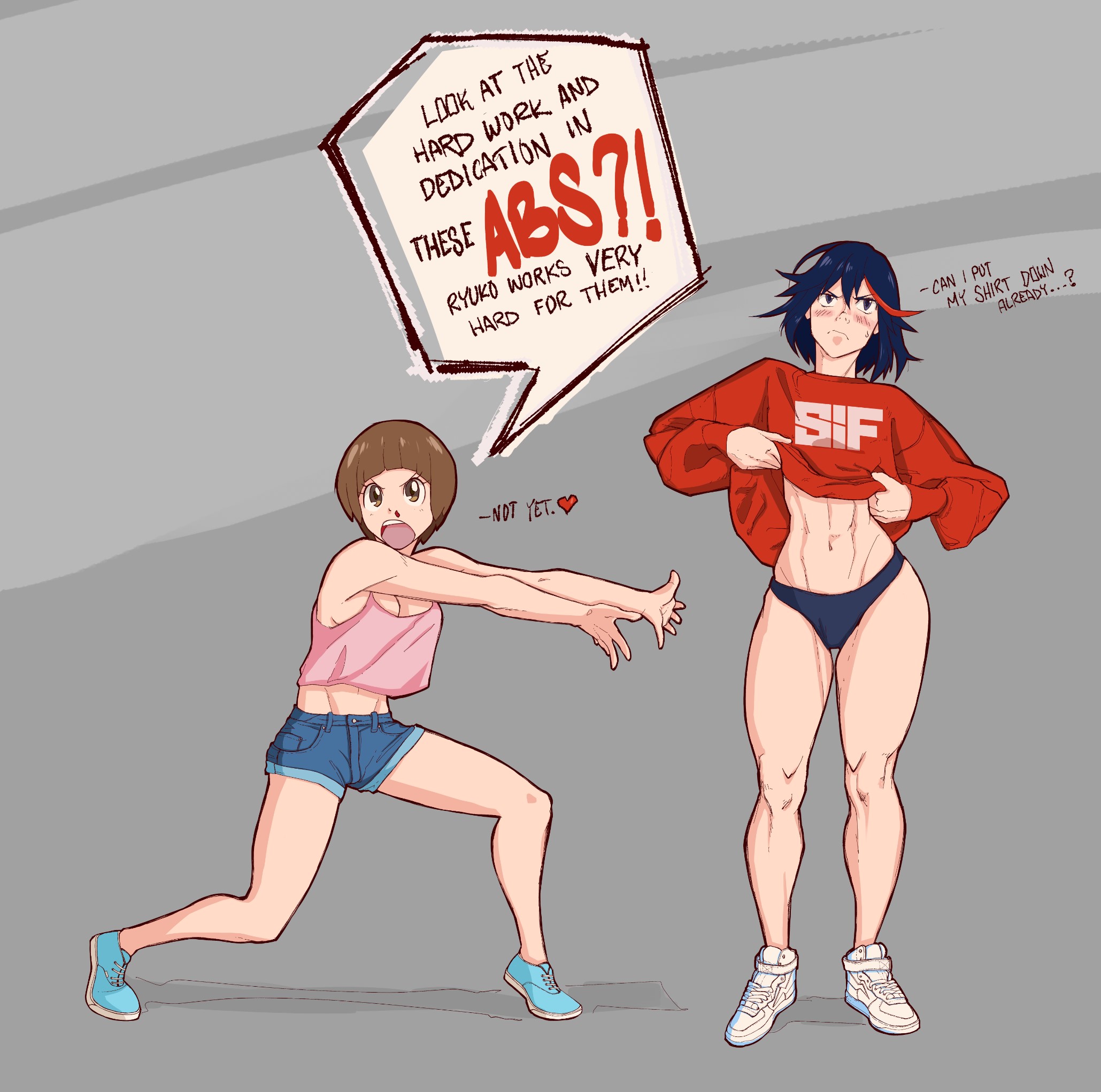 Anime 2059x2043 Kill la Kill anime girls cleavage belly thighs the gap pink shirt jean shorts muscles 6-pack abs JK alternate costume crop top sneakers black eyes Matoi Ryuuko Mankanshoku Mako ecchi 2D belly button short hair simple background bangs anime red sweater open mouth hair in face redhead fan art black panties looking away frontal view text tomboys