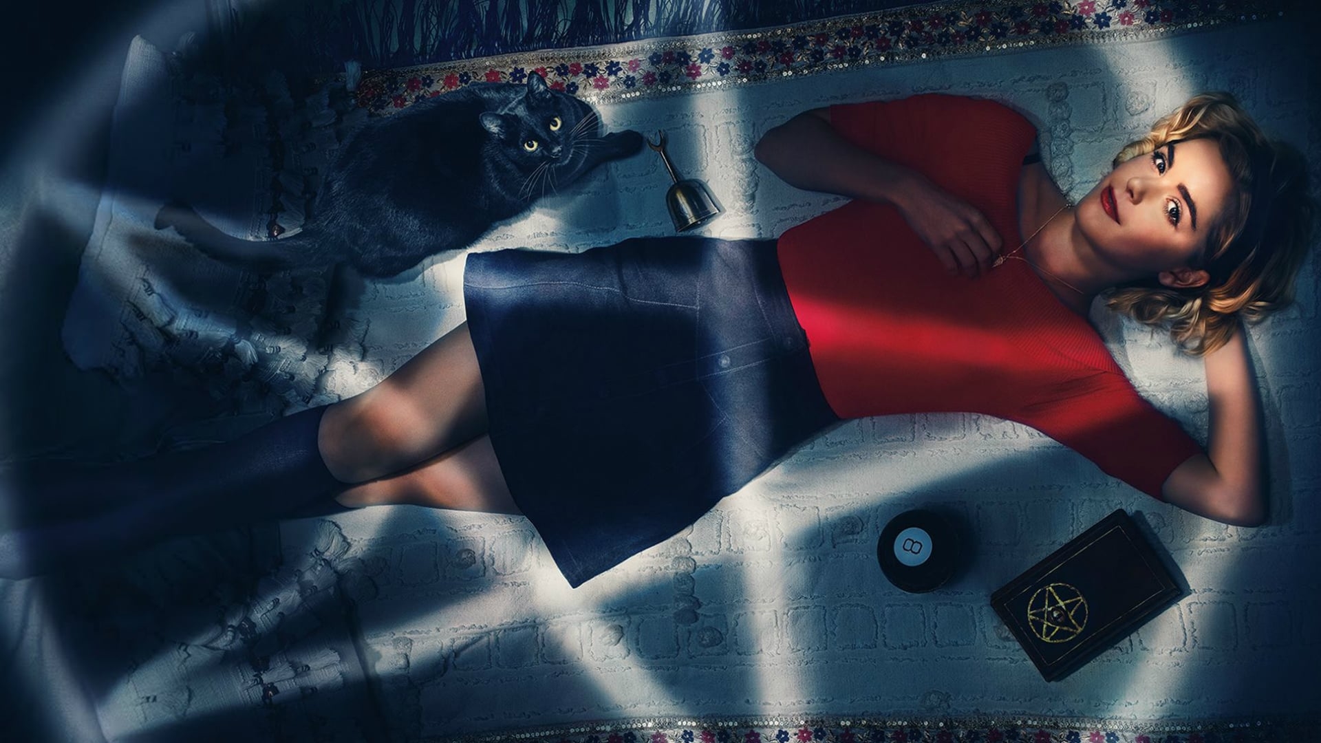 People 1920x1080 Sabrina Spellman cats lying on back looking at viewer blonde black cats red clothing red lipstick TV series Netflix TV Series women celebrity actress legs crossed indoors hands on chest witch women indoors makeup wavy hair Kiernan Shipka Chilling Adventures of Sabrina legs together