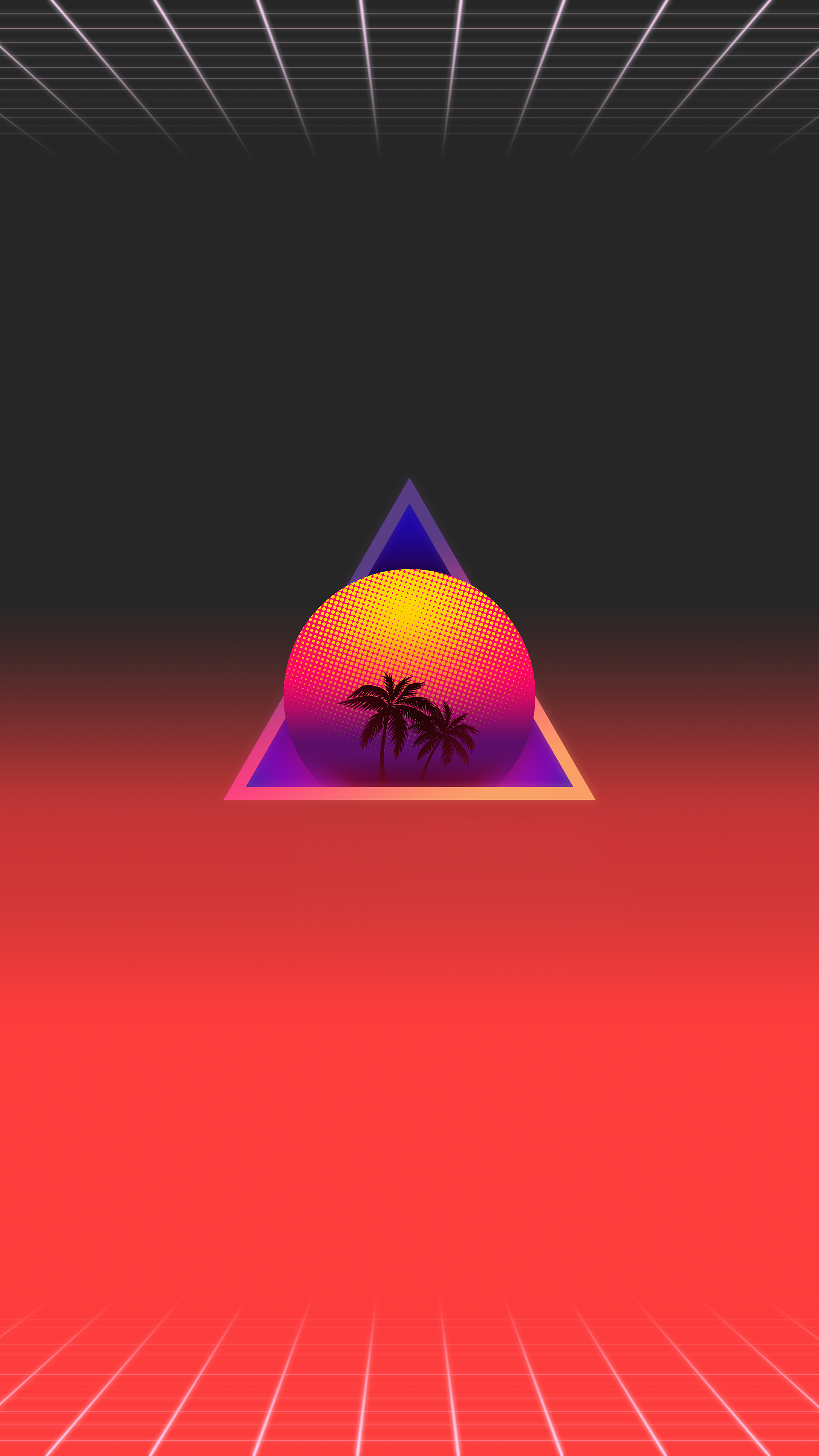 General 2160x3840 synthwave OutRun vaporwave retrowave sunset palm trees digital art portrait display grid triangle gradient