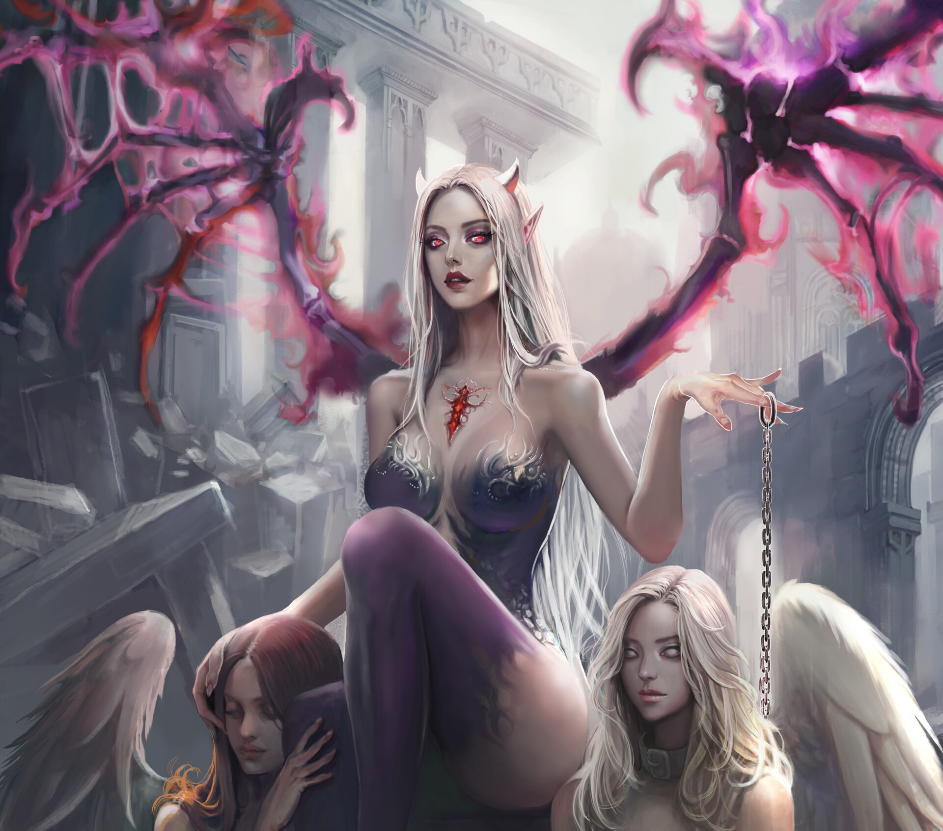 General 1920x1692 Lana G drawing women blonde demon wings horns Lilith fantasy girl digital art