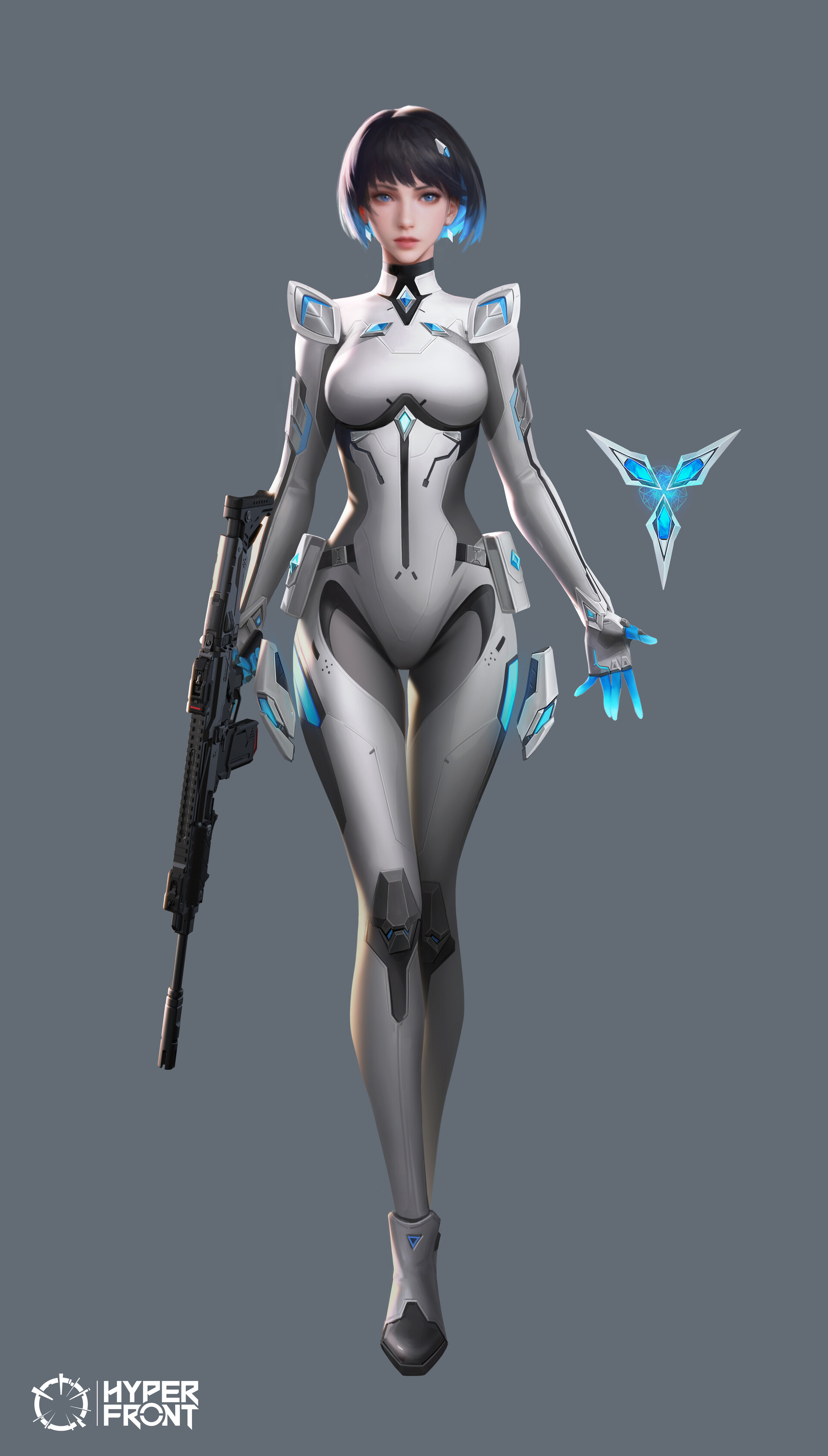 General 1920x3377 Jingwei Qiu CGI women science fiction bodysuit weapon blue steel silver simple background